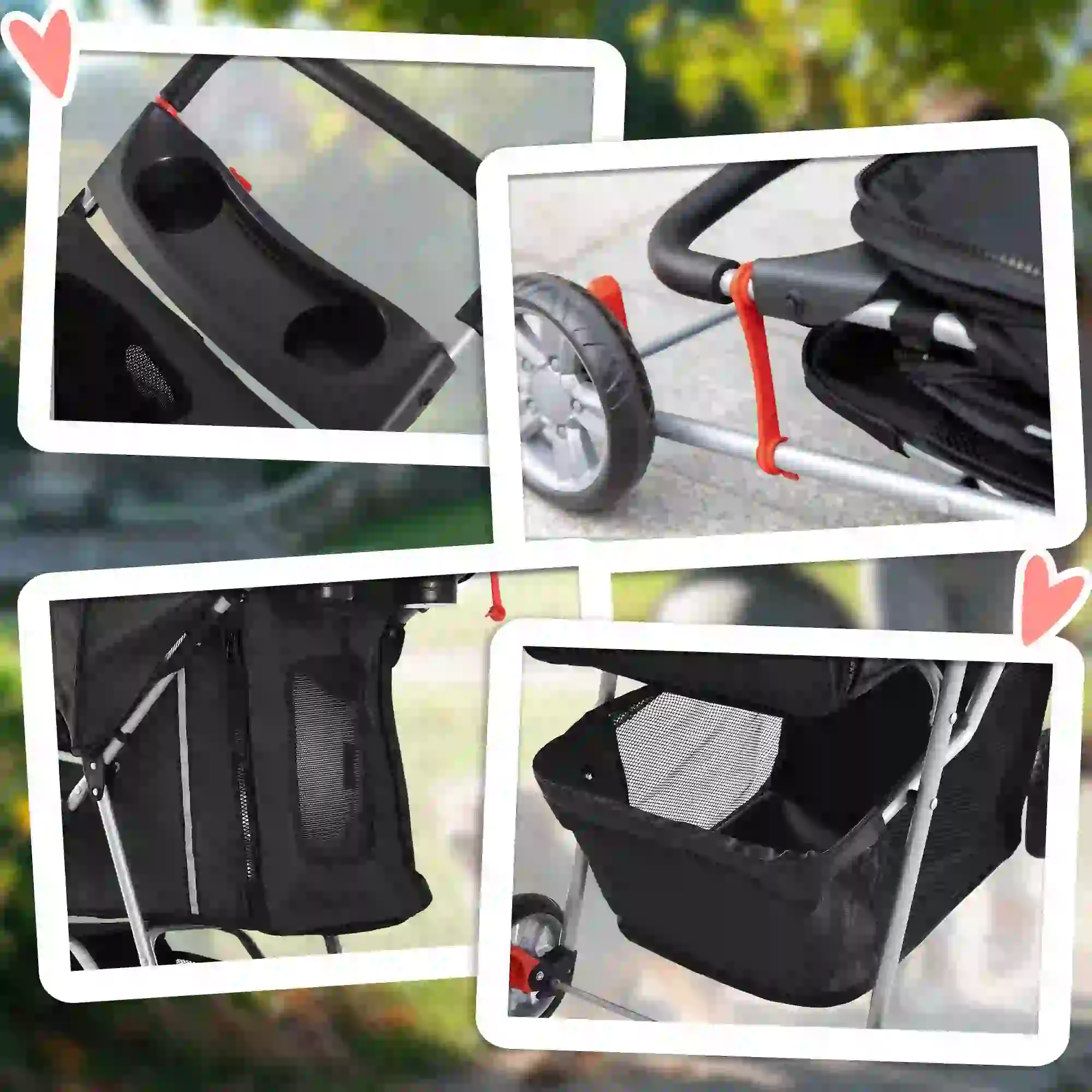 3 Wheels Foldable Dog Stroller, Storage Basket, Adjustable Canopy, Black - Image 9