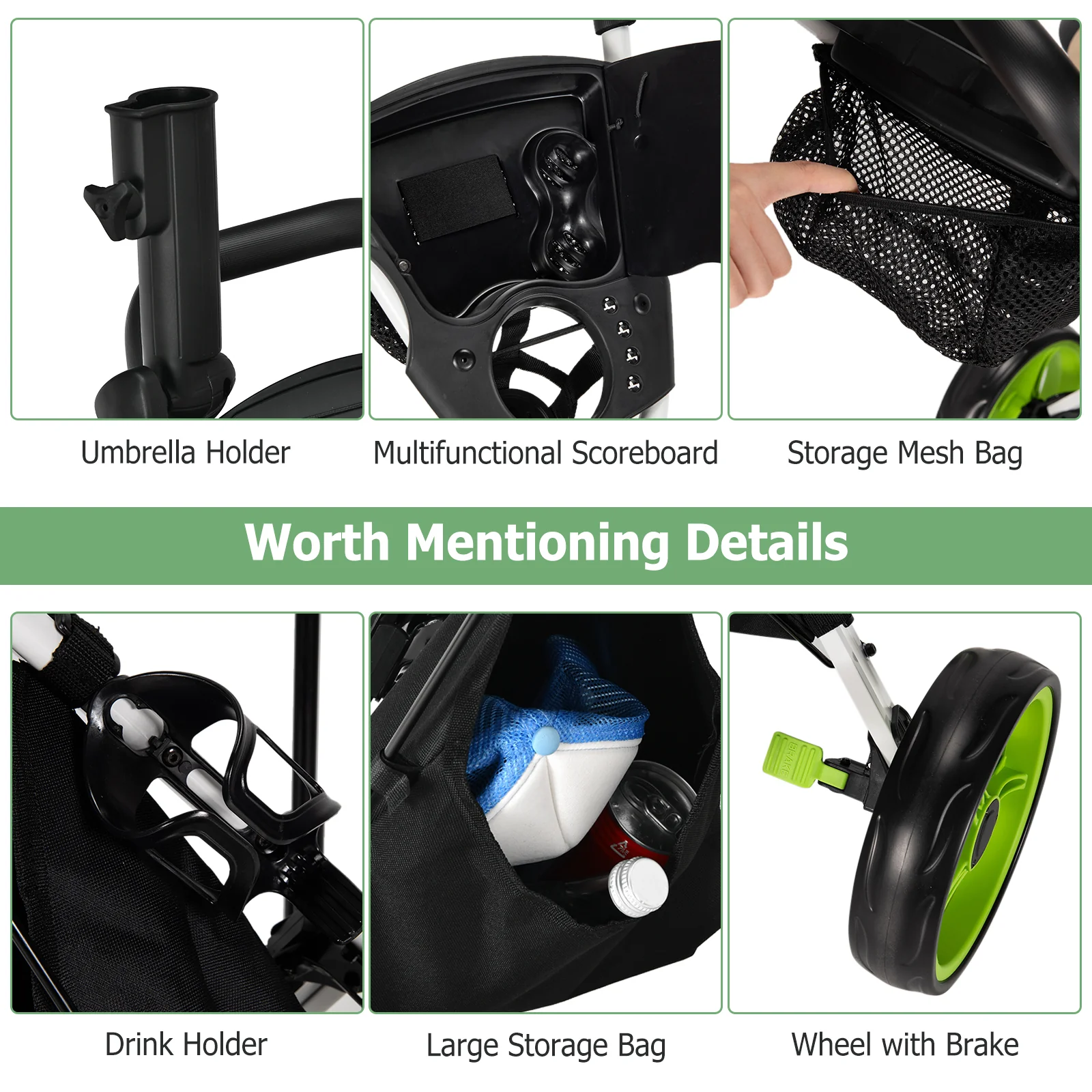 3 Wheels Folding Golf Push Cart With Seat, Scoreboard, Adjustable Handle, Green - Image 10