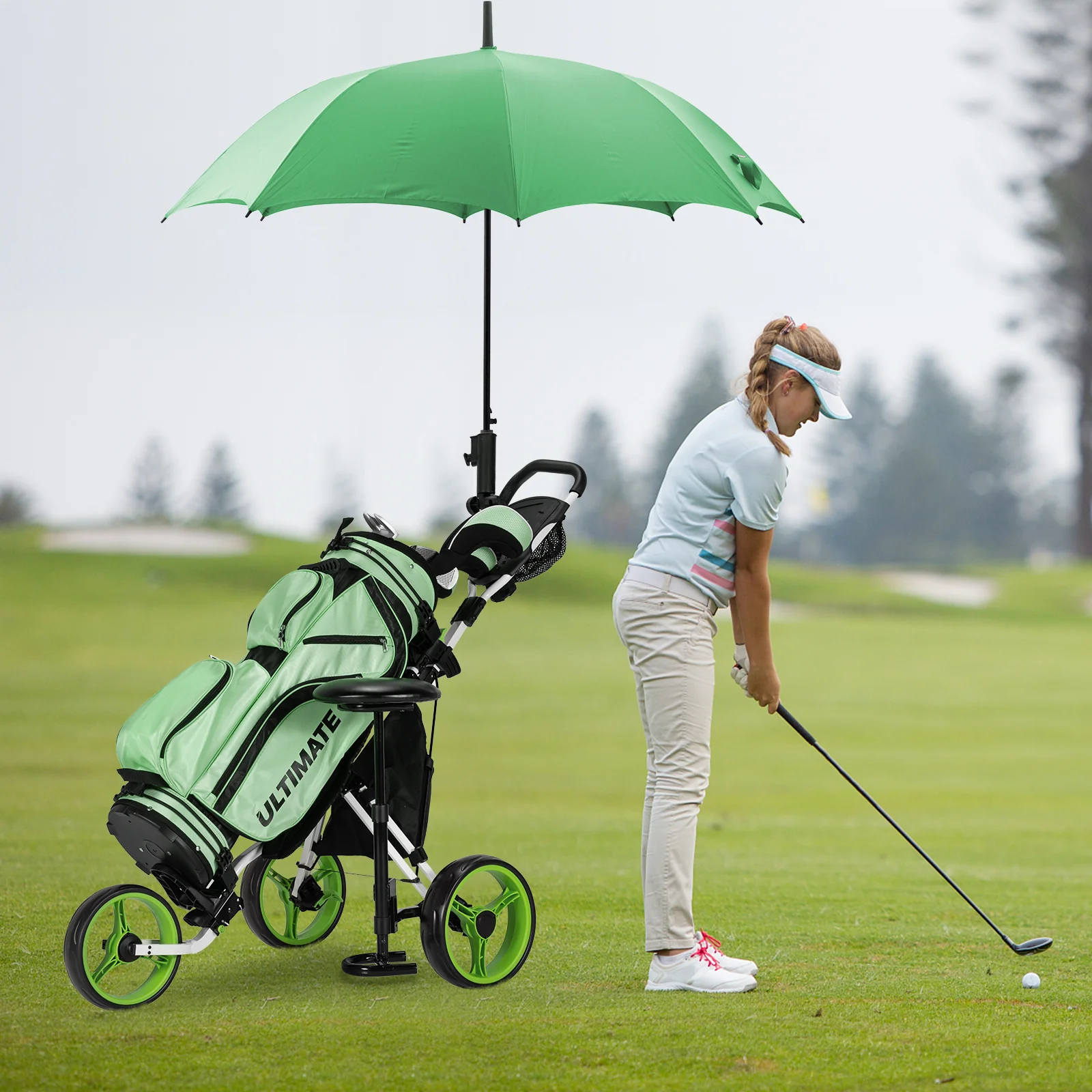 3 Wheels Folding Golf Push Cart With Seat, Scoreboard, Adjustable Handle, Green - Image 2