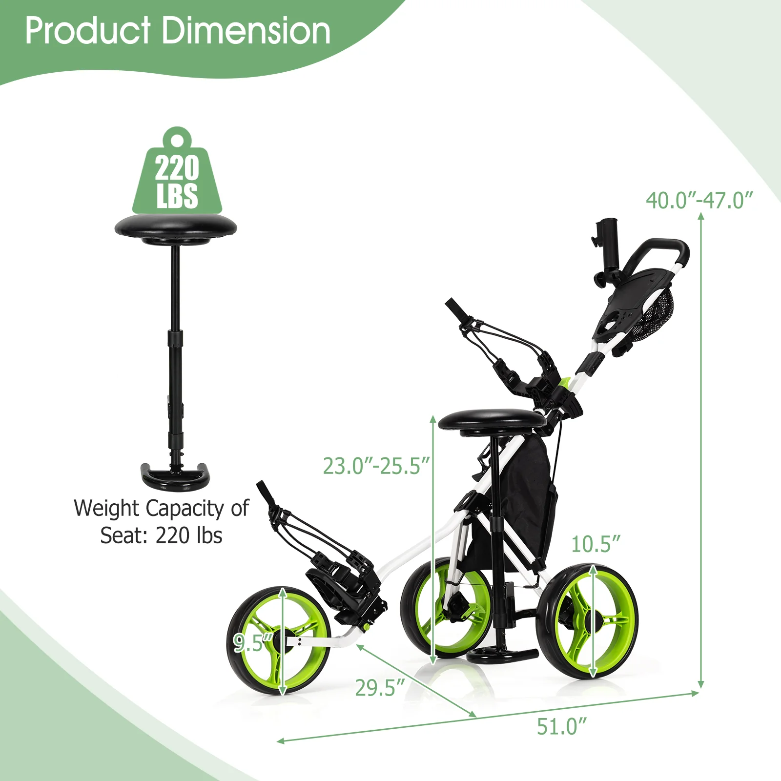 3 Wheels Folding Golf Push Cart With Seat, Scoreboard, Adjustable Handle, Green - Image 5