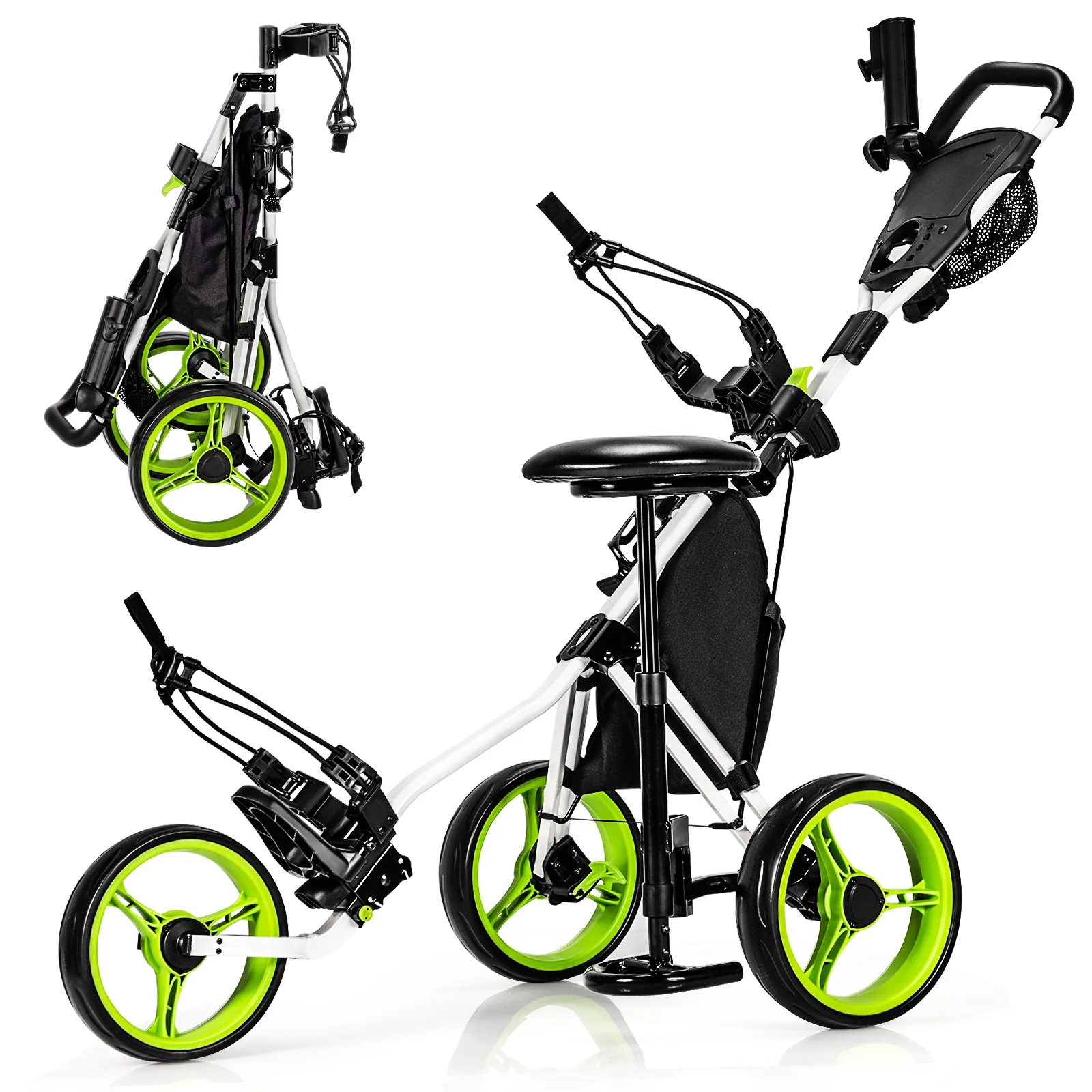 3 Wheels Folding Golf Push Cart With Seat, Scoreboard, Adjustable Handle, Green - Image 6