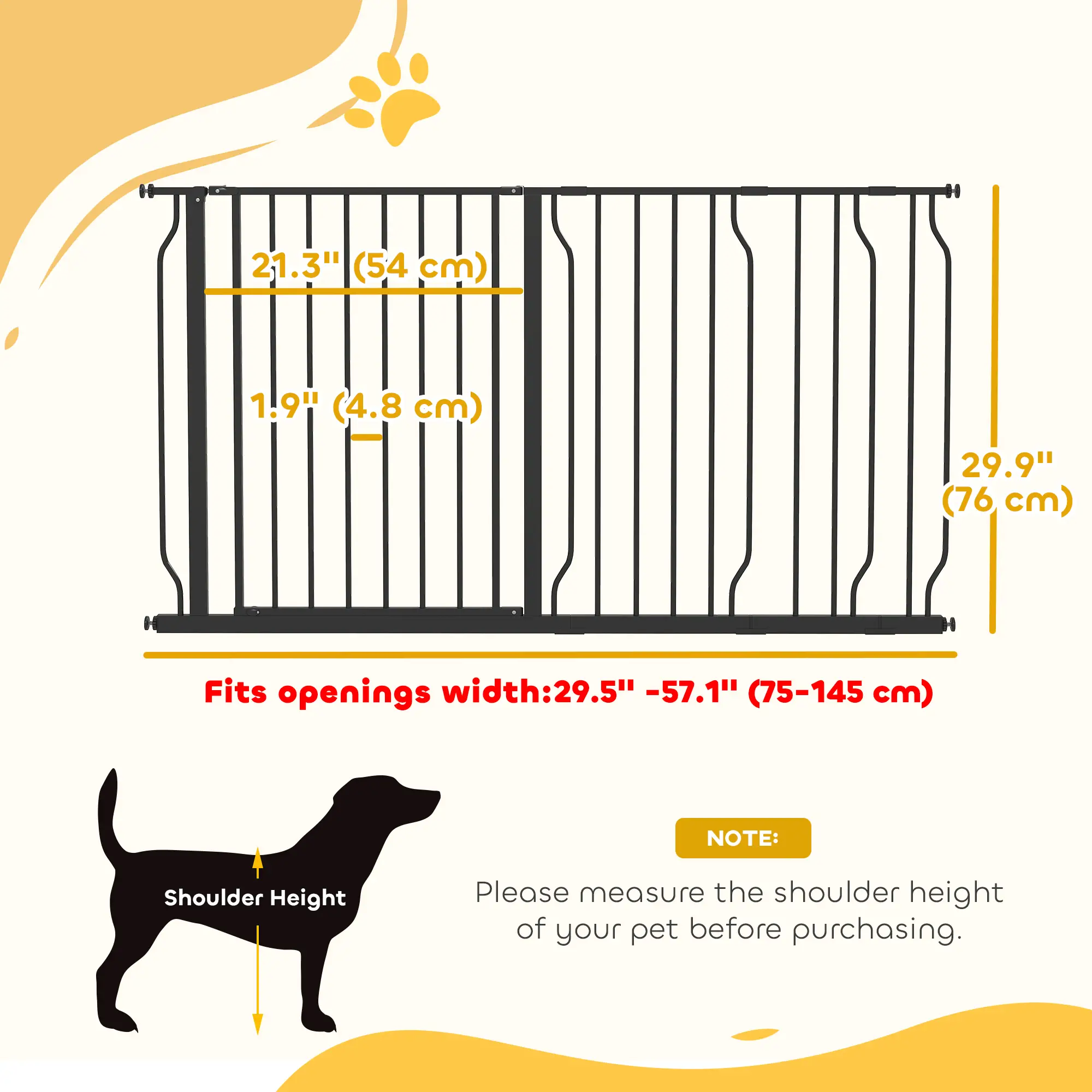 30"-57" Easy Install Pet Gate With Door, Double Lock, Extra Wide, Black - Image 3