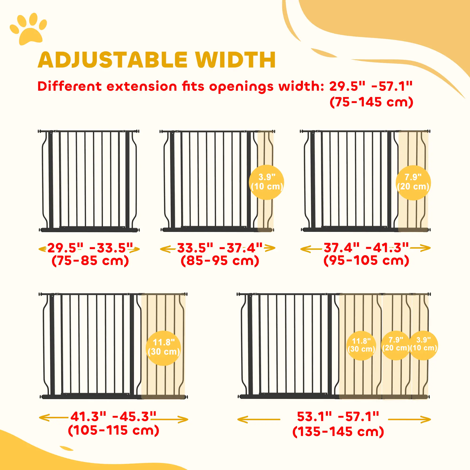 30"-57" Easy Install Pet Gate With Door, Double Lock, Extra Wide, Black - Image 4