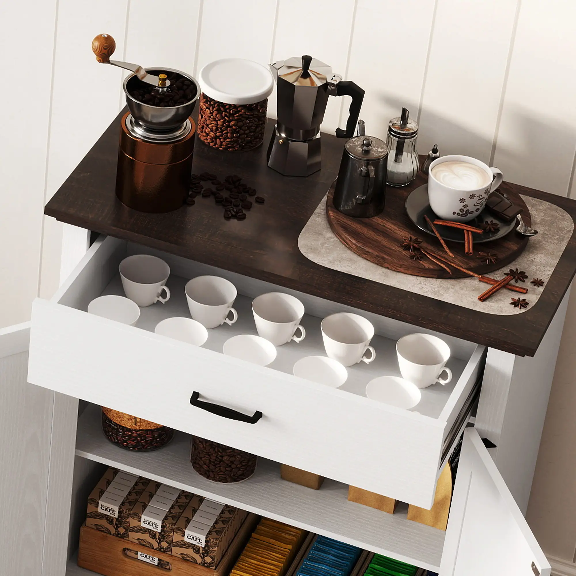 30" Buffet Cabinet, Farmhouse Sideboard, 1.2" Thick Top, White - Image 10