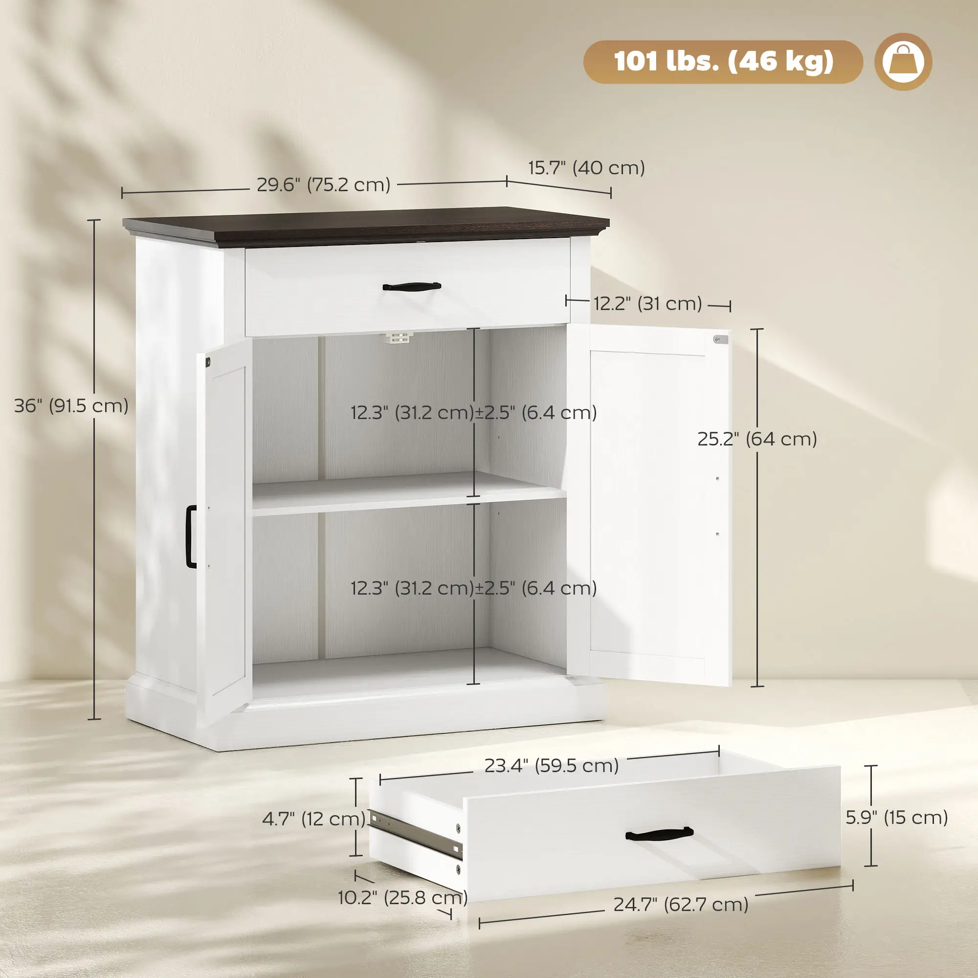 30" Buffet Cabinet, Farmhouse Sideboard, 1.2" Thick Top, White - Image 3