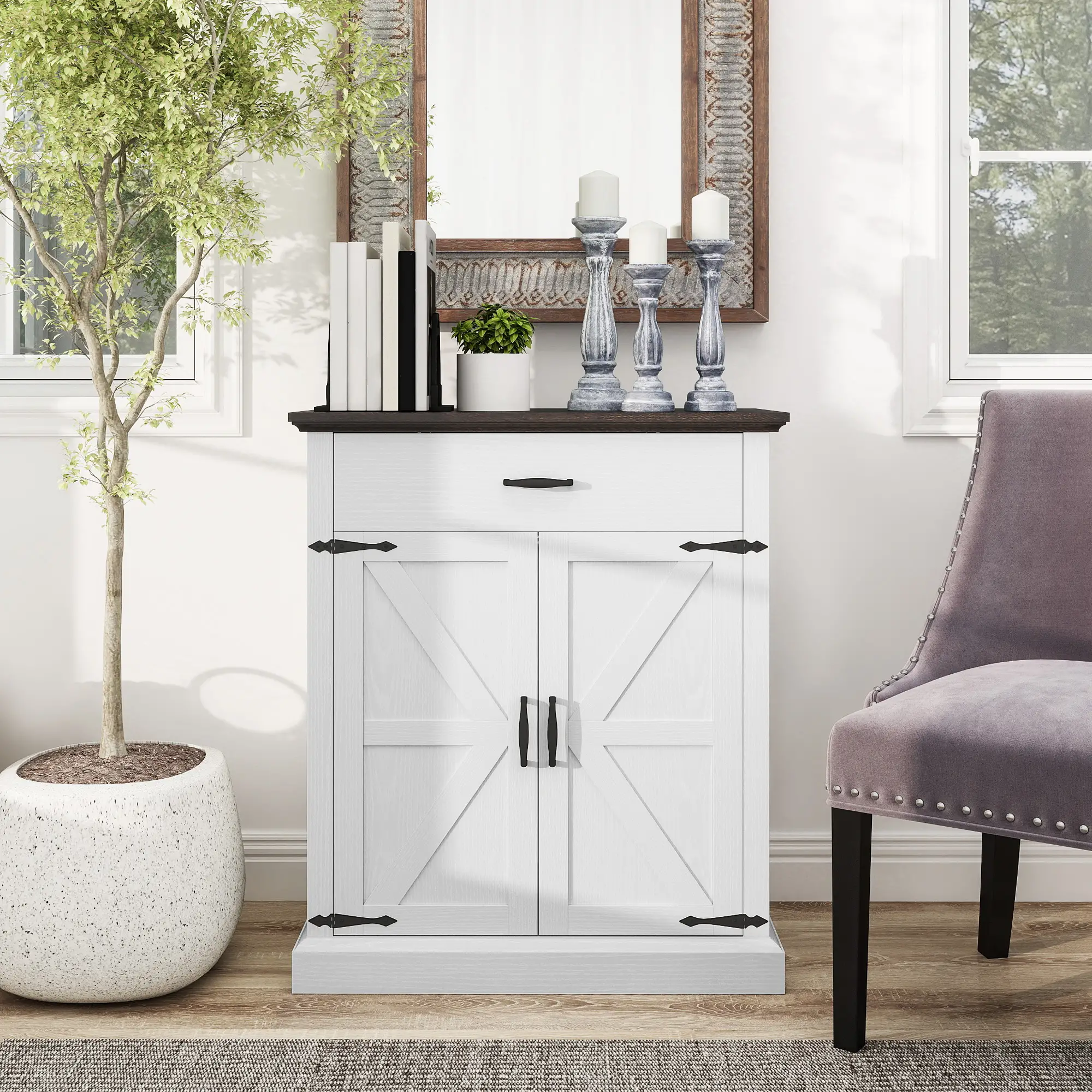 30" Buffet Cabinet, Farmhouse Sideboard, 1.2" Thick Top, White - Image 8