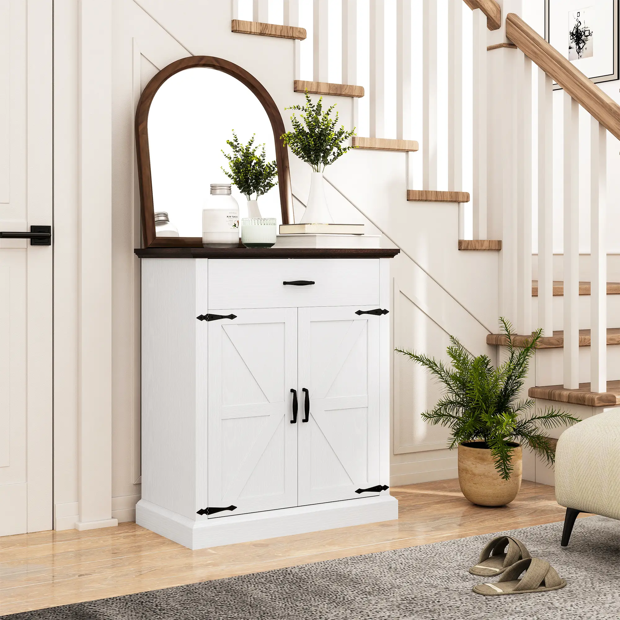 30" Buffet Cabinet, Farmhouse Sideboard, 1.2" Thick Top, White - Image 9