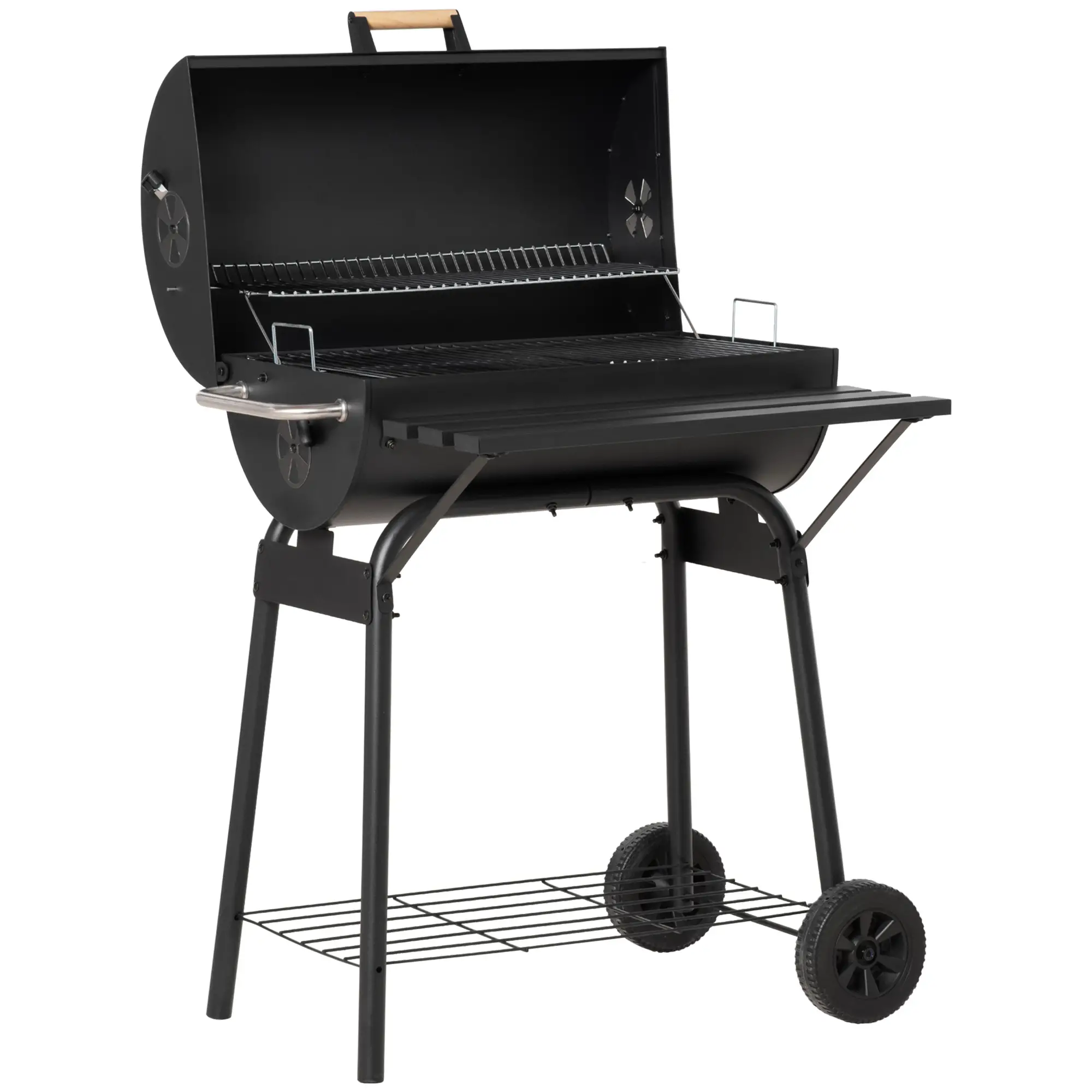 30" Charcoal Barbecue Grill With Wheels, Adjustable Rack, Storage Shelf, Charcoal