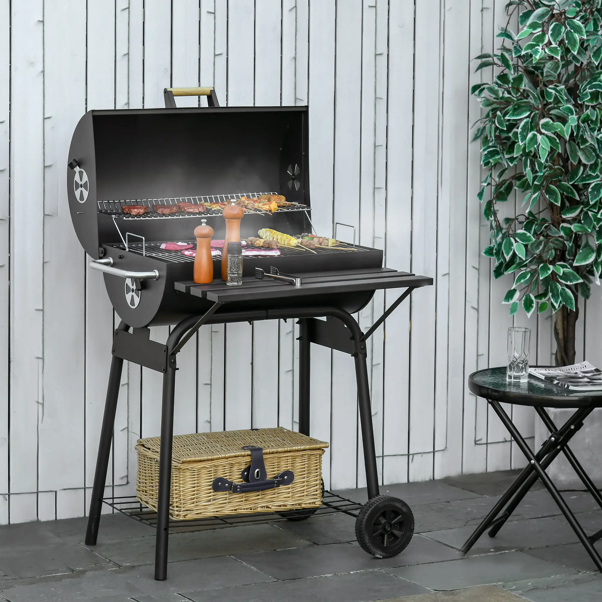 30" Charcoal Barbecue Grill With Wheels, Adjustable Rack, Storage Shelf, Charcoal - Image 2