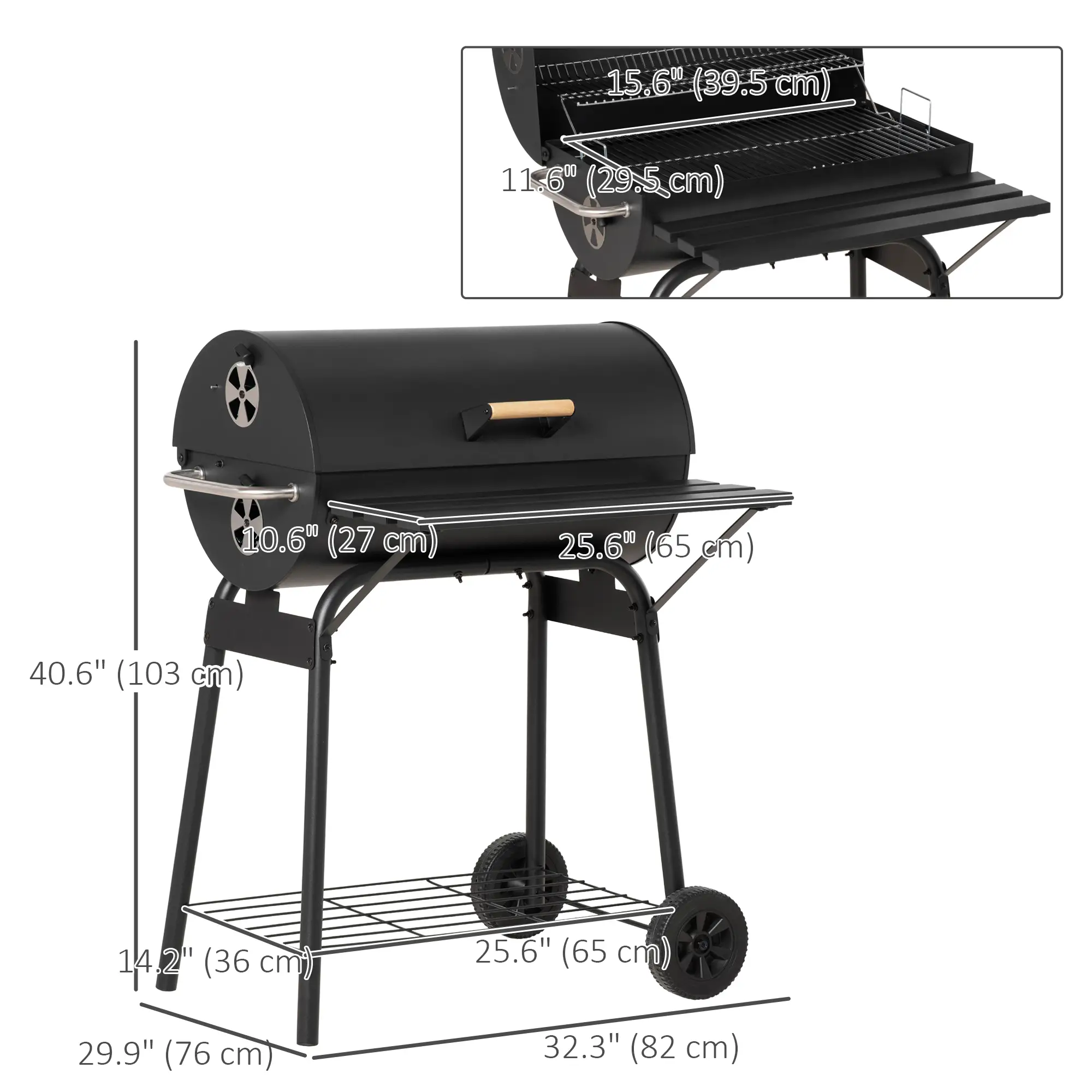 30" Charcoal Barbecue Grill With Wheels, Adjustable Rack, Storage Shelf, Charcoal - Image 3