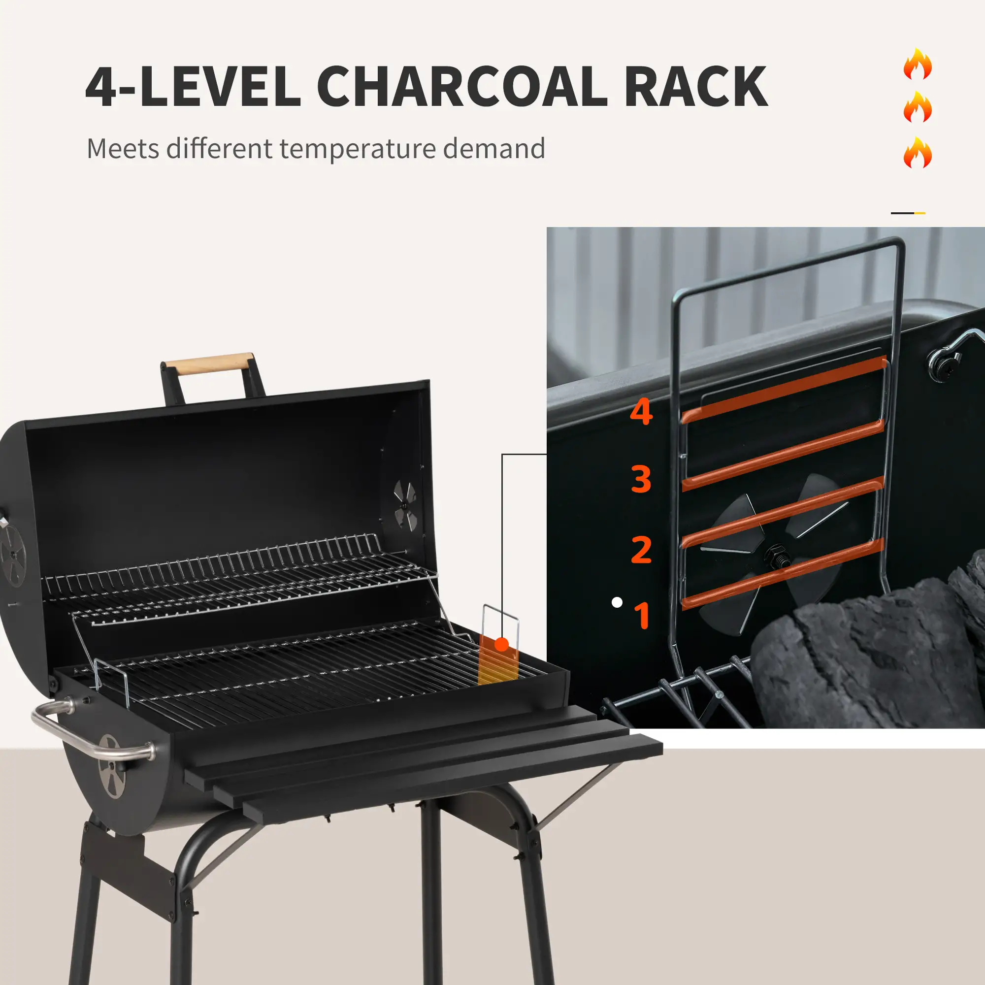 30" Charcoal Barbecue Grill With Wheels, Adjustable Rack, Storage Shelf, Charcoal - Image 5