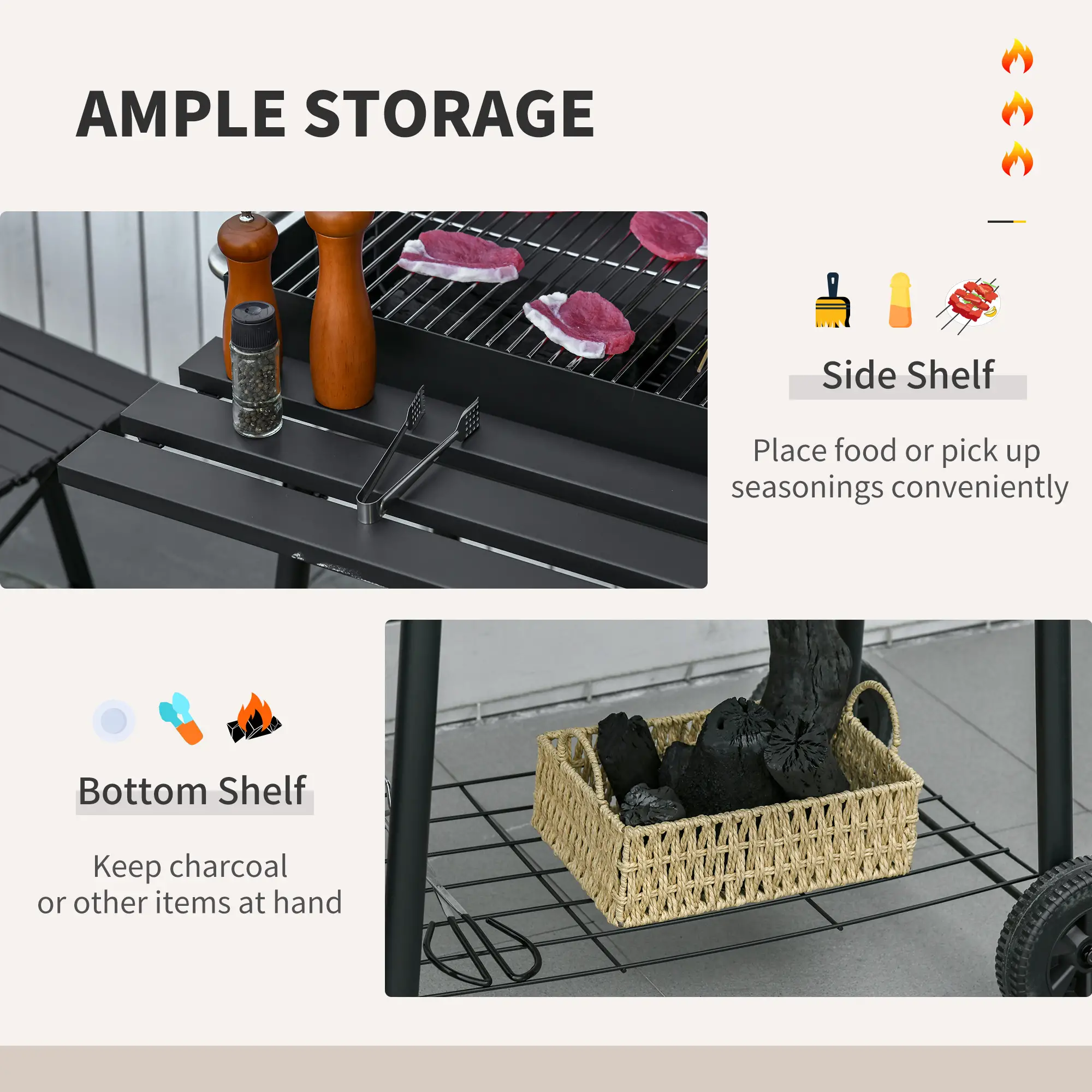 30" Charcoal Barbecue Grill With Wheels, Adjustable Rack, Storage Shelf, Charcoal - Image 6