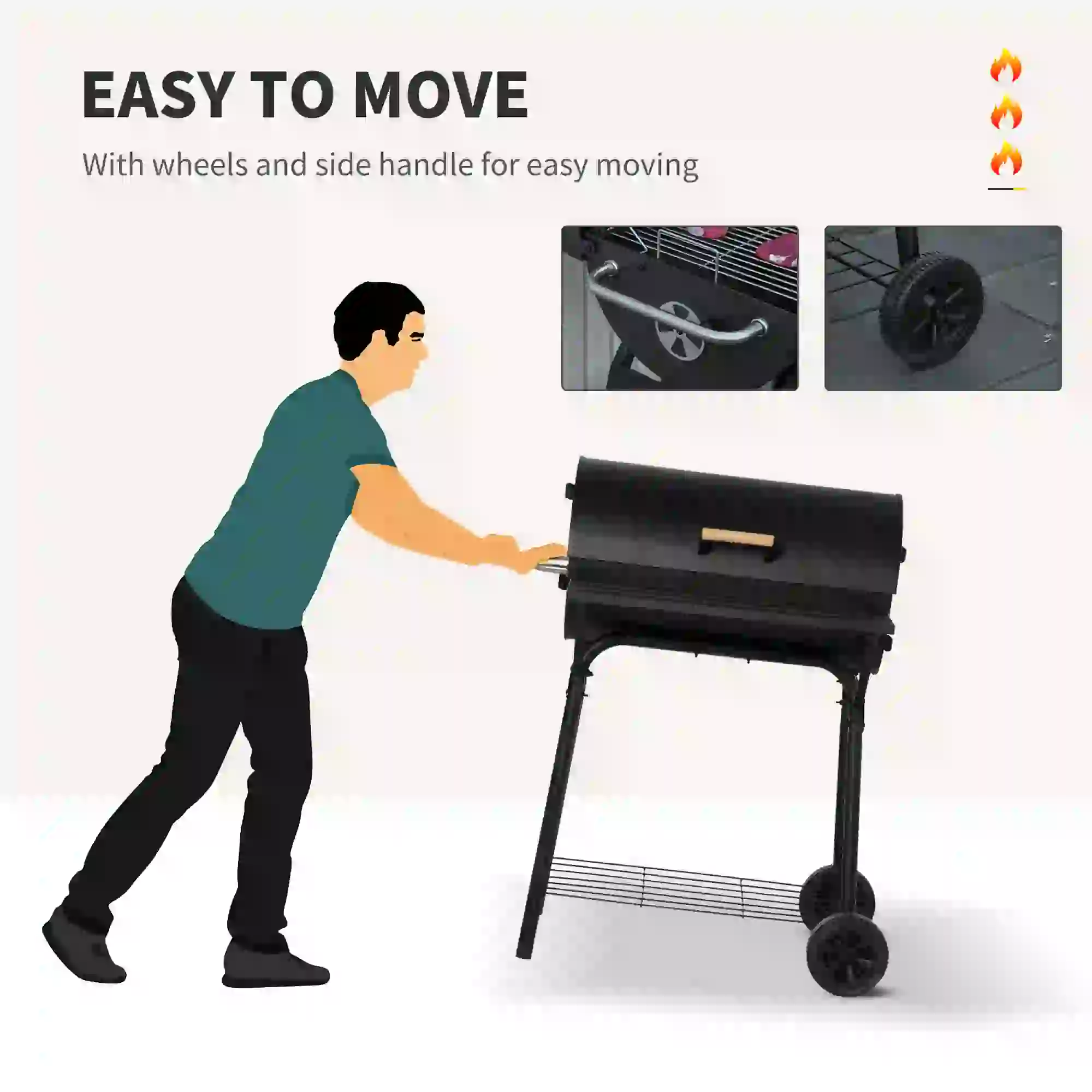 30" Charcoal Barbecue Grill With Wheels, Adjustable Rack, Storage Shelf, Charcoal - Image 7
