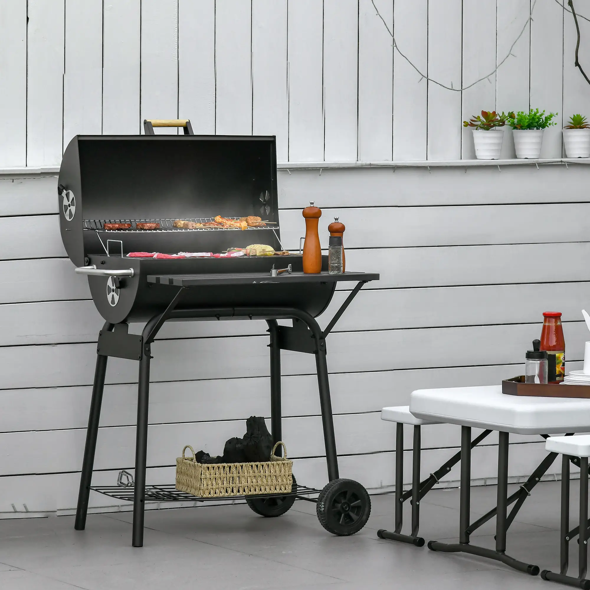 30" Charcoal Barbecue Grill With Wheels, Adjustable Rack, Storage Shelf, Charcoal - Image 8
