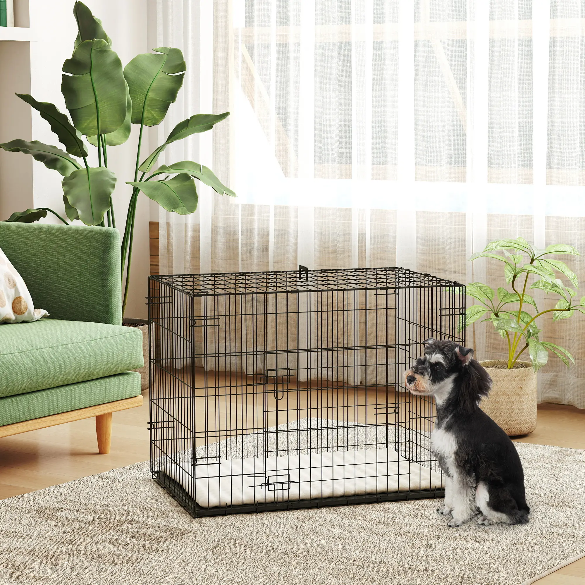 30" Folding Metal Dog Crate, 2 Doors, Removable Tray, Black - Image 2