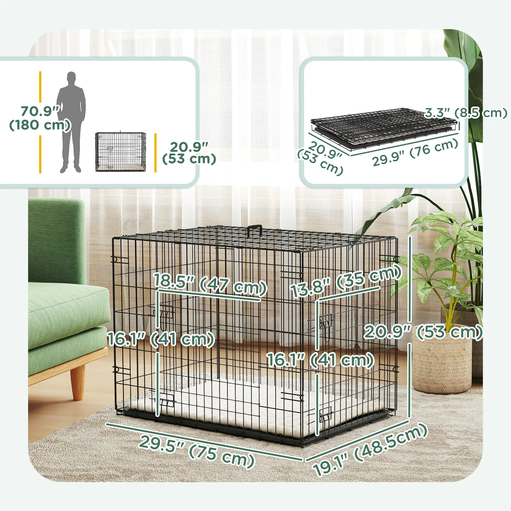 30" Folding Metal Dog Crate, 2 Doors, Removable Tray, Black - Image 3