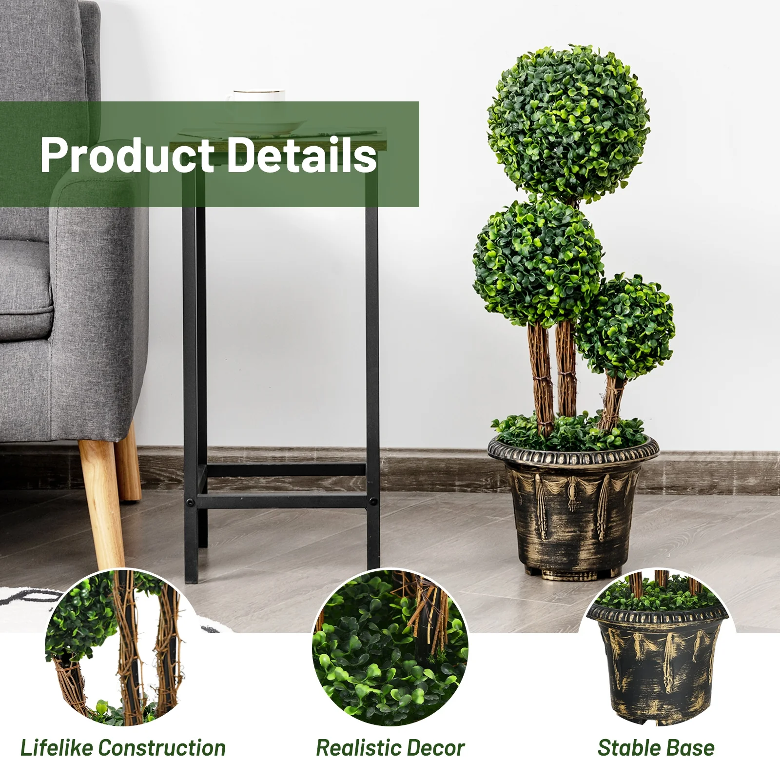 30 Inch Artificial Topiary Triple Ball Tree, Indoor Outdoor UV Protection, Green - Image 3