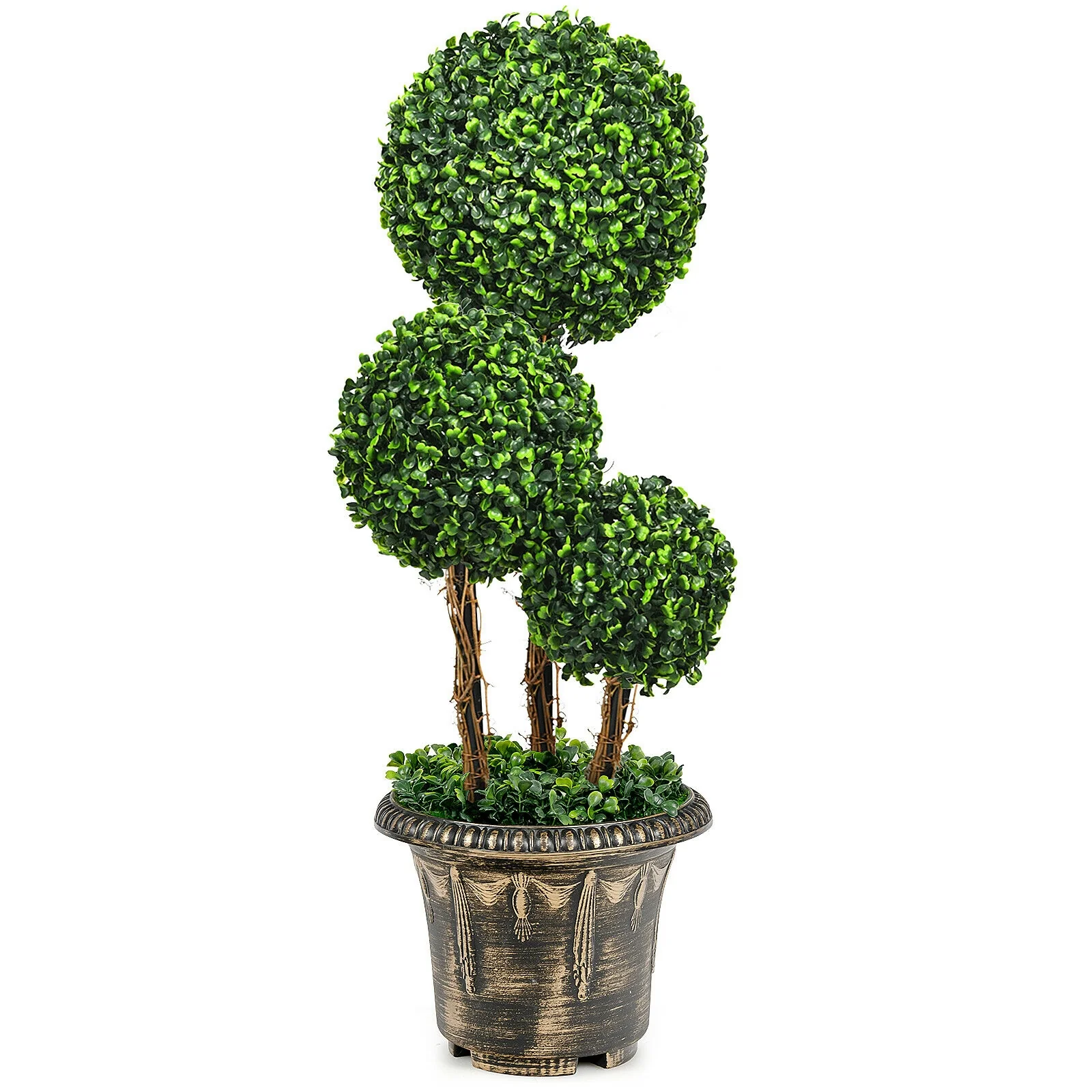 30 Inch Artificial Topiary Triple Ball Tree, Indoor Outdoor UV Protection, Green - Image 4
