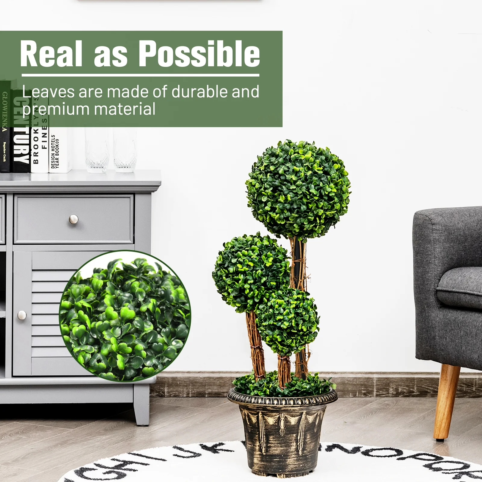 30 Inch Artificial Topiary Triple Ball Tree, Indoor Outdoor UV Protection, Green - Image 9