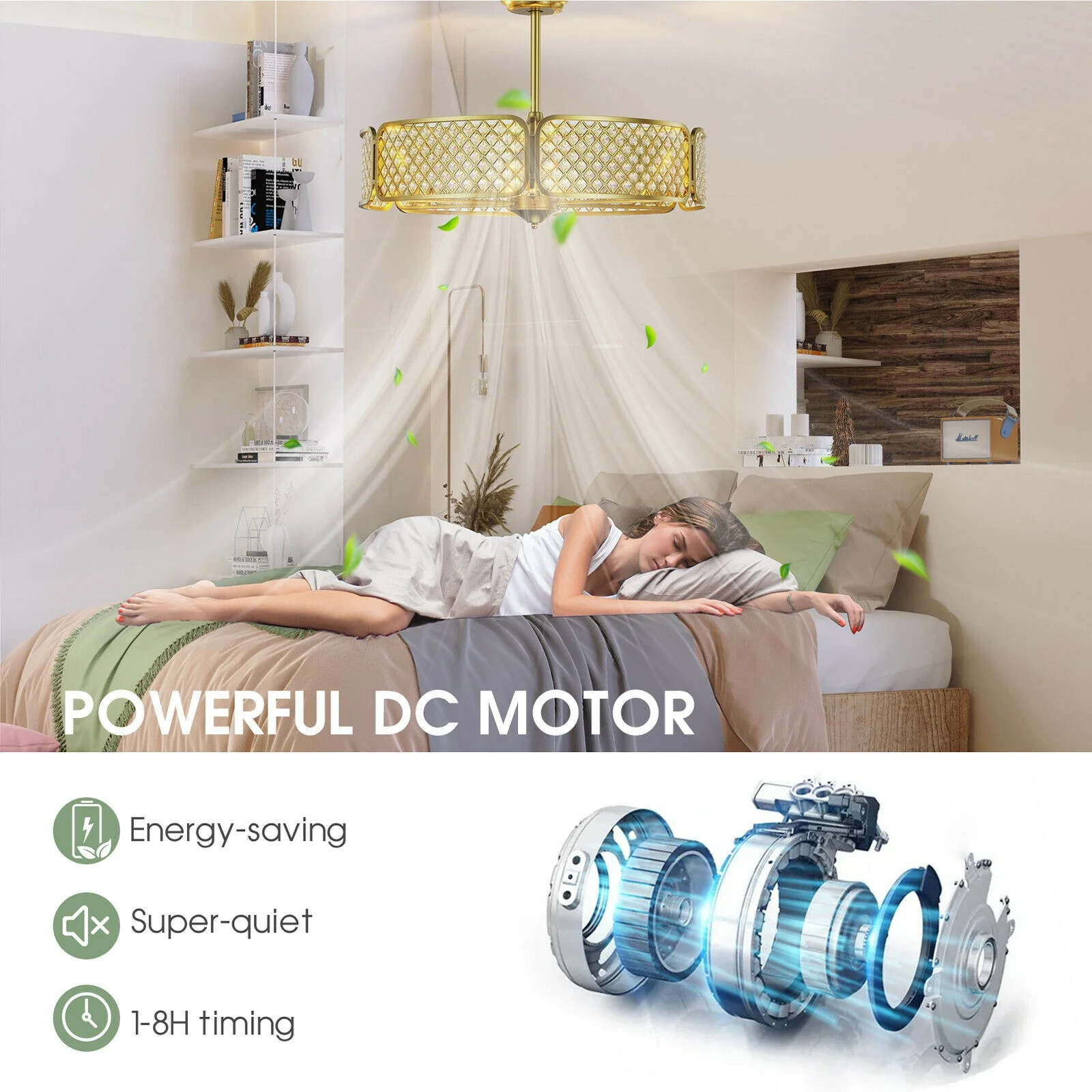 30 Inch Caged Ceiling Fan With Light, Crystal Lampshade, Golden - Image 3