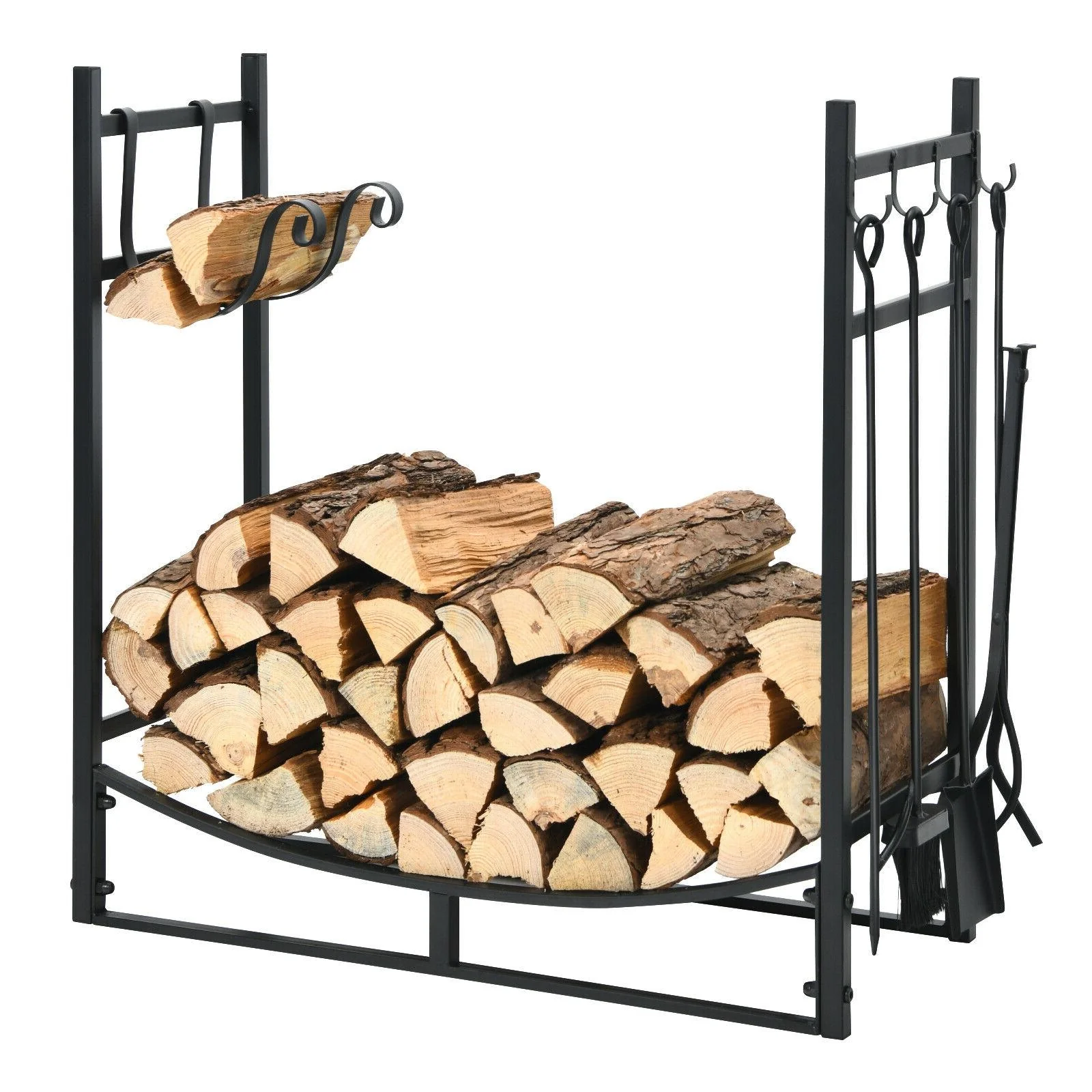 30 Inch Firewood Rack With 4 Tool Set, Kindling Holders, Black - Image 10