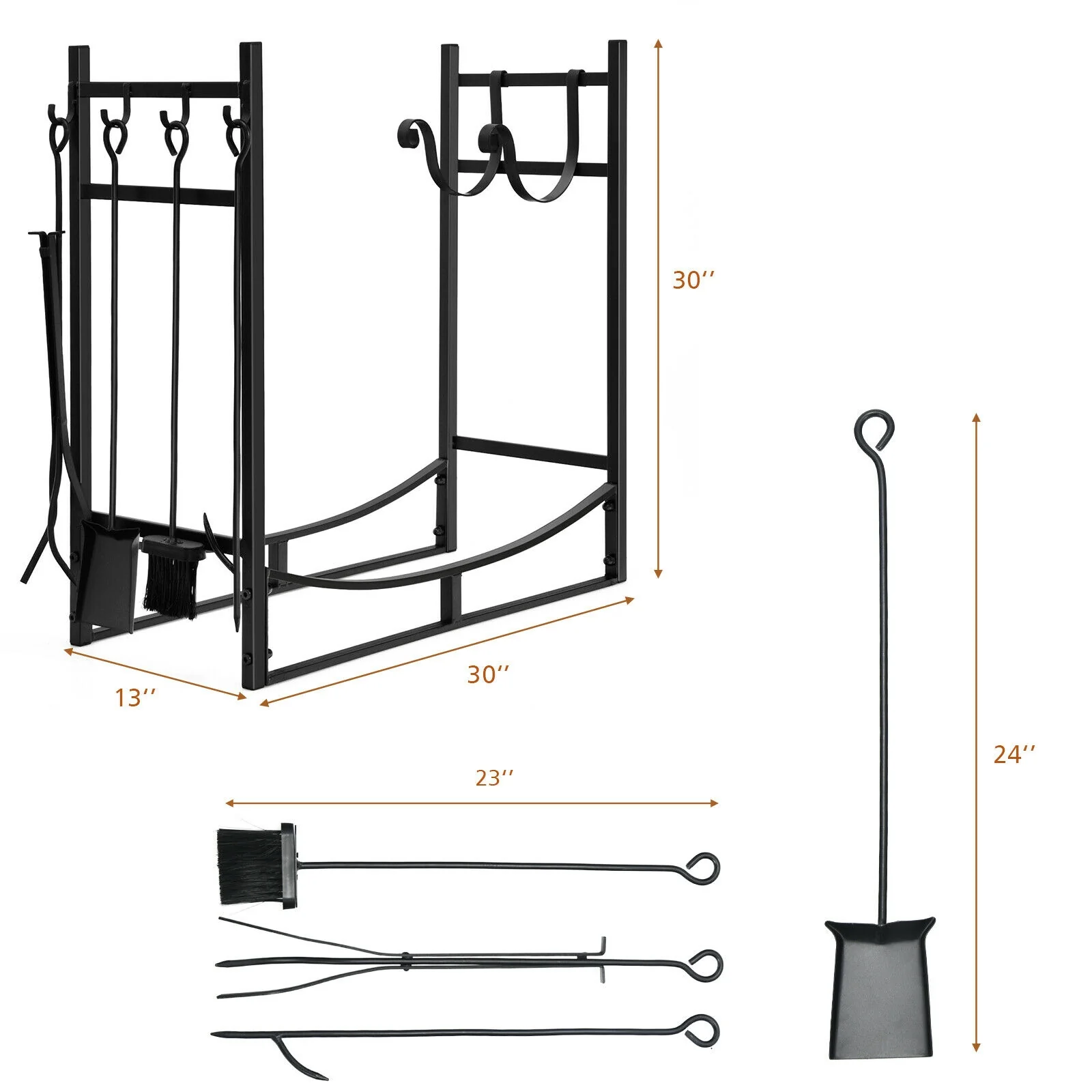 30 Inch Firewood Rack With 4 Tool Set, Kindling Holders, Black - Image 5