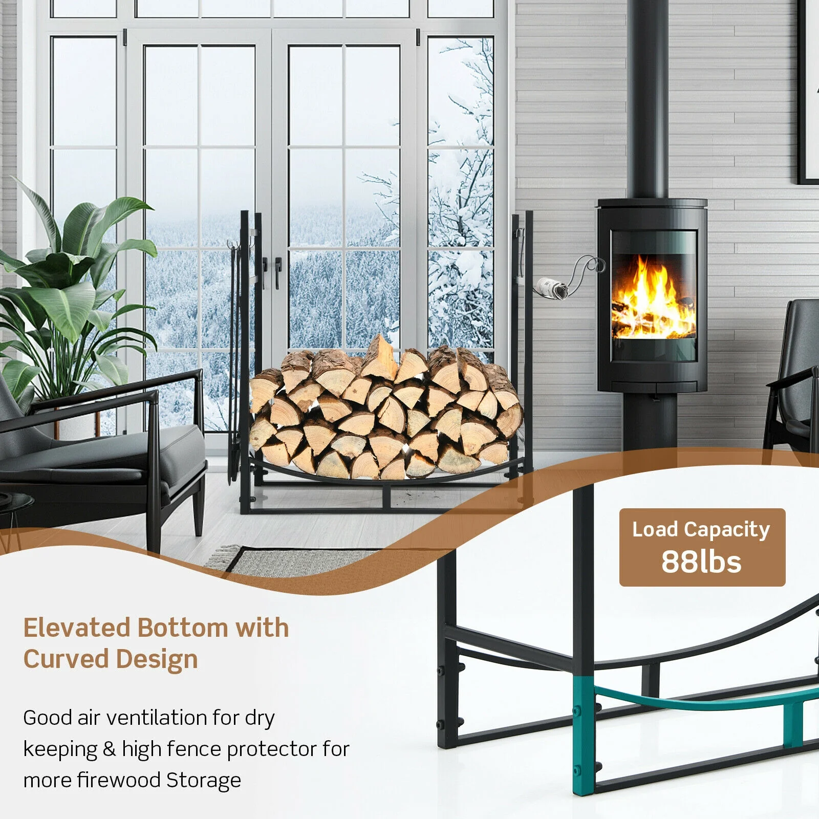 30 Inch Firewood Rack With 4 Tool Set, Kindling Holders, Black - Image 8
