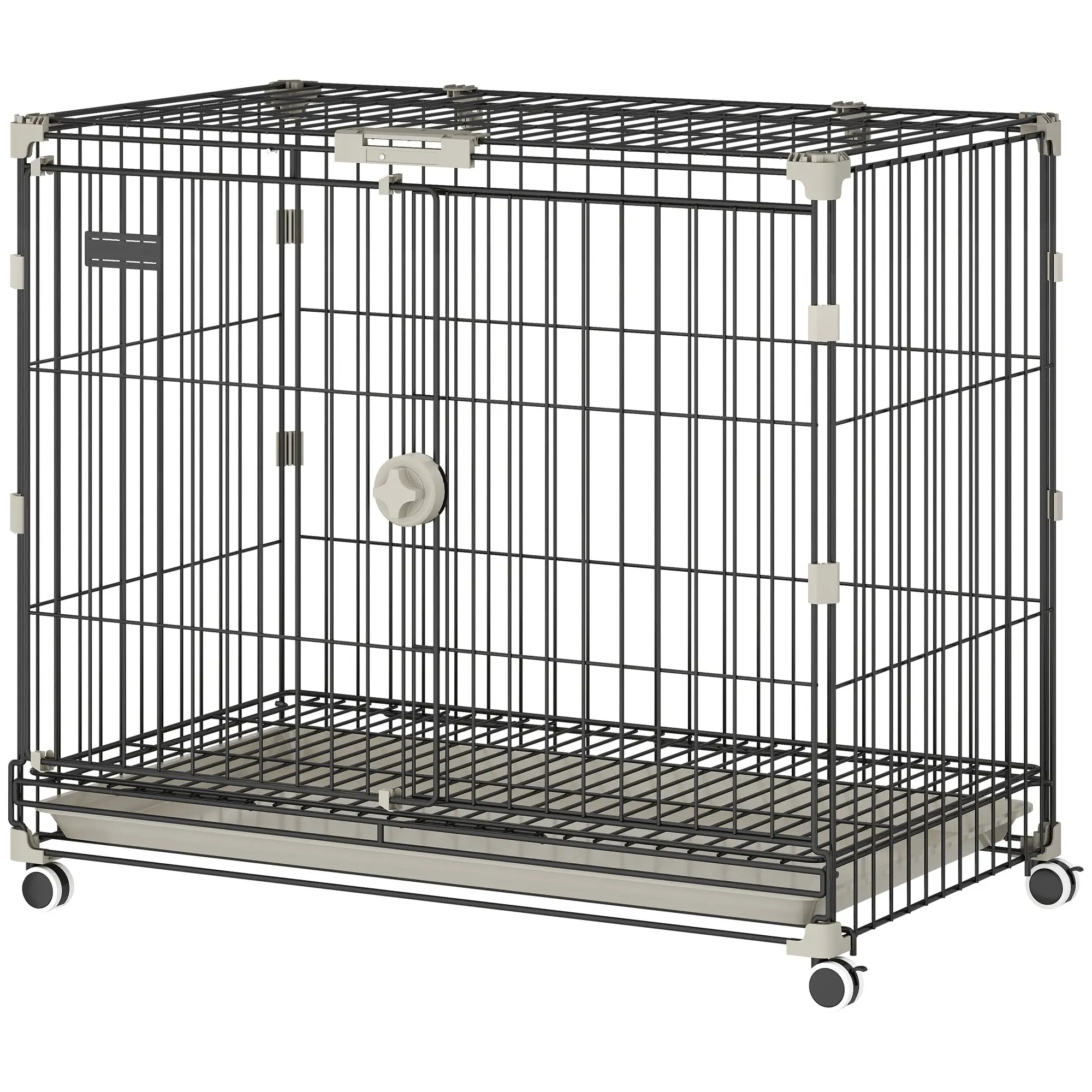 30 Inch Foldable Dog Crate, Metal Cage with Tray & Wheels, Black