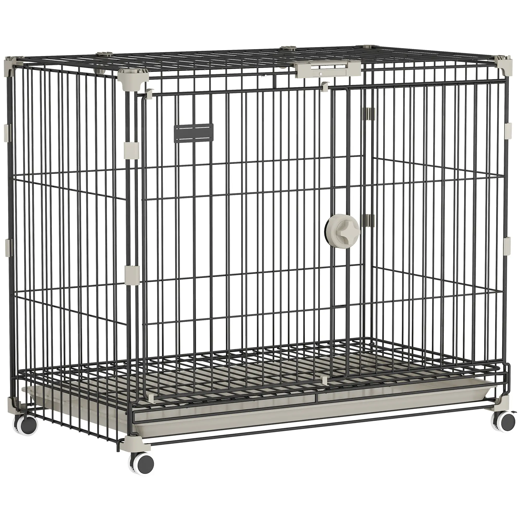 30 Inch Foldable Dog Crate, Metal Cage with Tray & Wheels, Black - Image 11