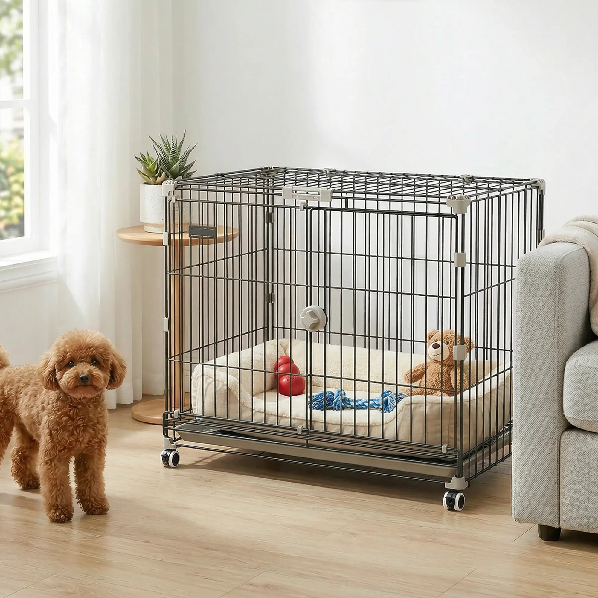 30 Inch Foldable Dog Crate, Metal Cage with Tray & Wheels, Black - Image 2