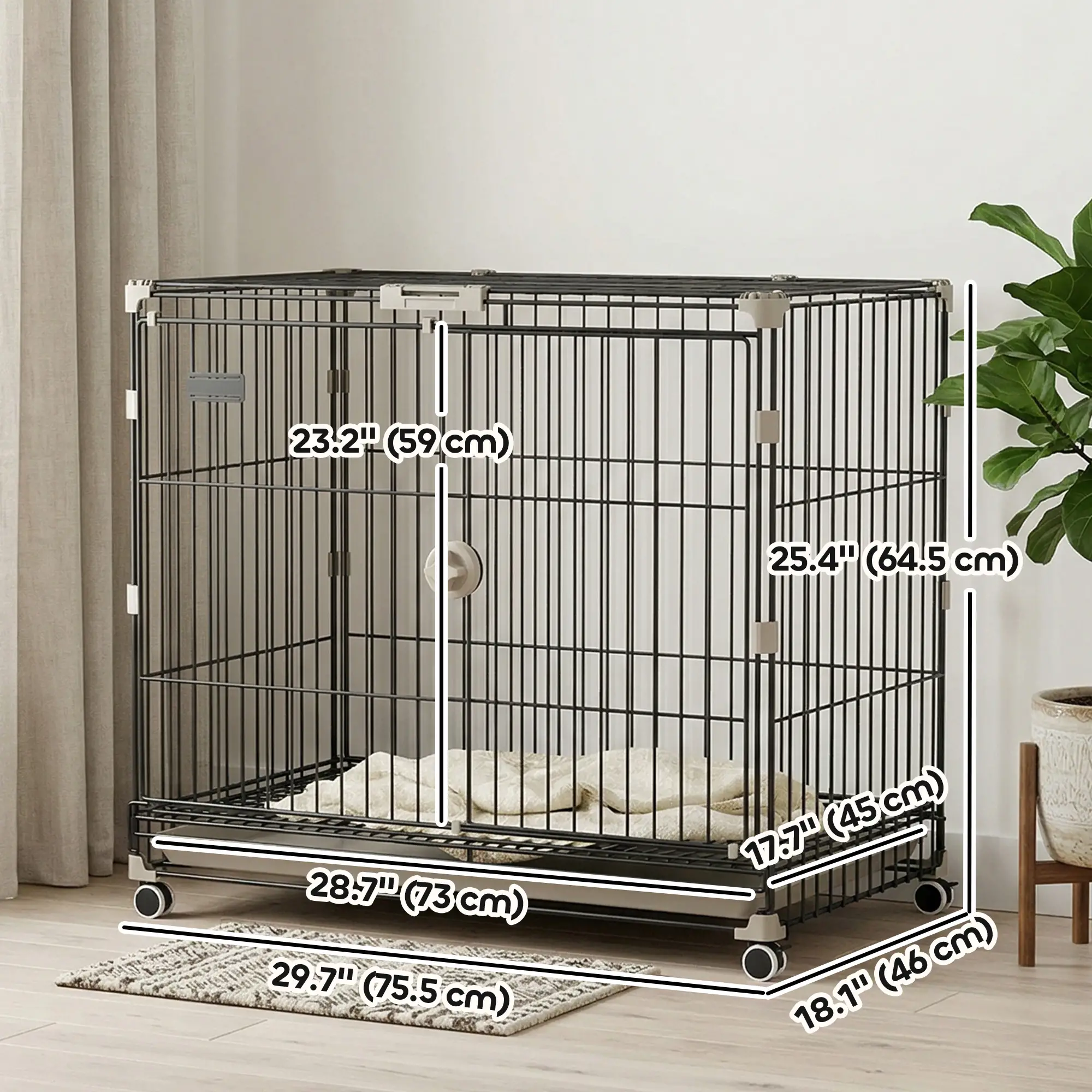 30 Inch Foldable Dog Crate, Metal Cage with Tray & Wheels, Black - Image 3
