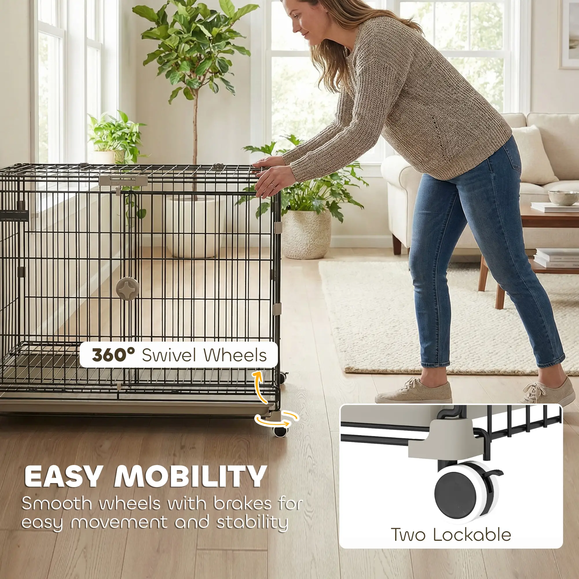 30 Inch Foldable Dog Crate, Metal Cage with Tray & Wheels, Black - Image 4