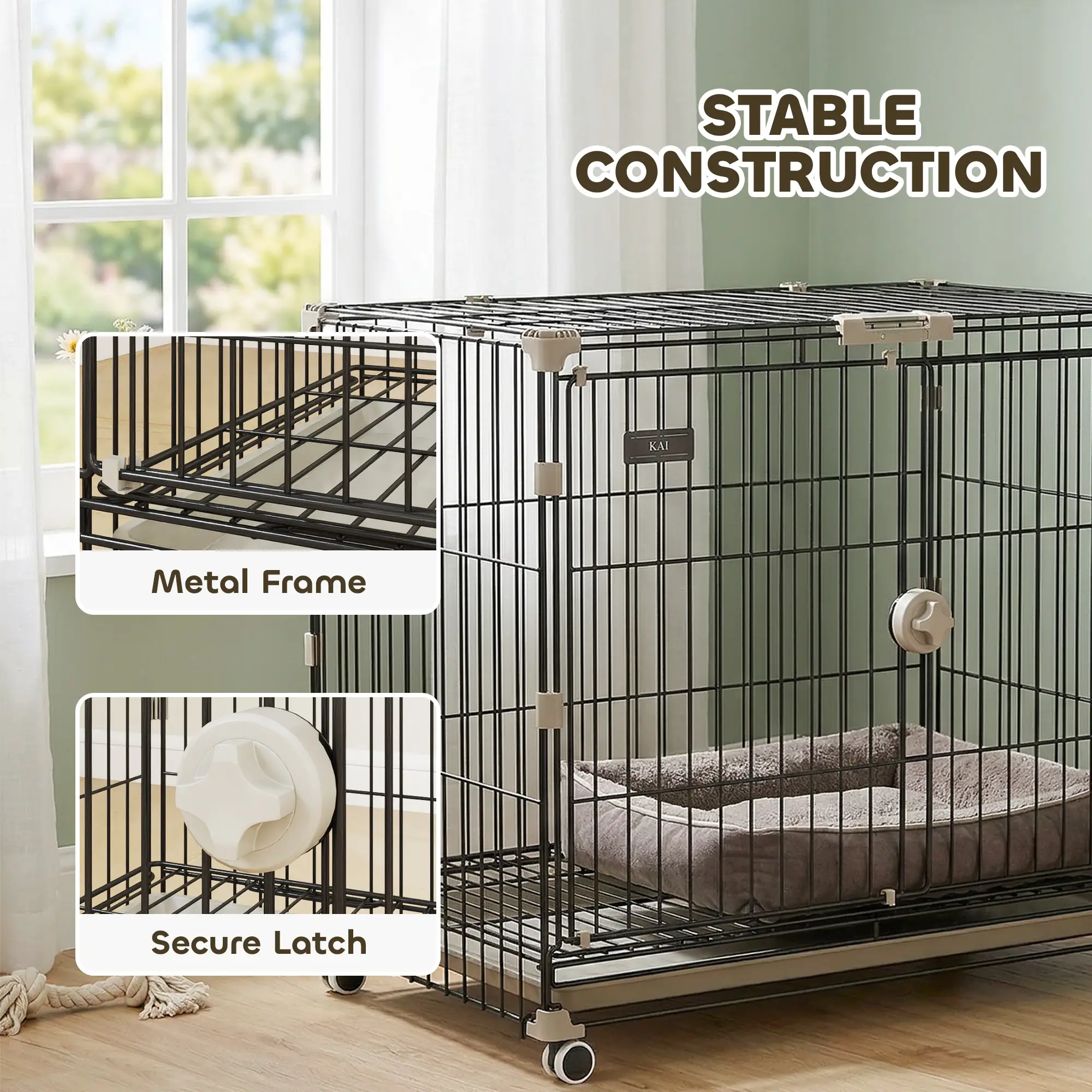 30 Inch Foldable Dog Crate, Metal Cage with Tray & Wheels, Black - Image 5