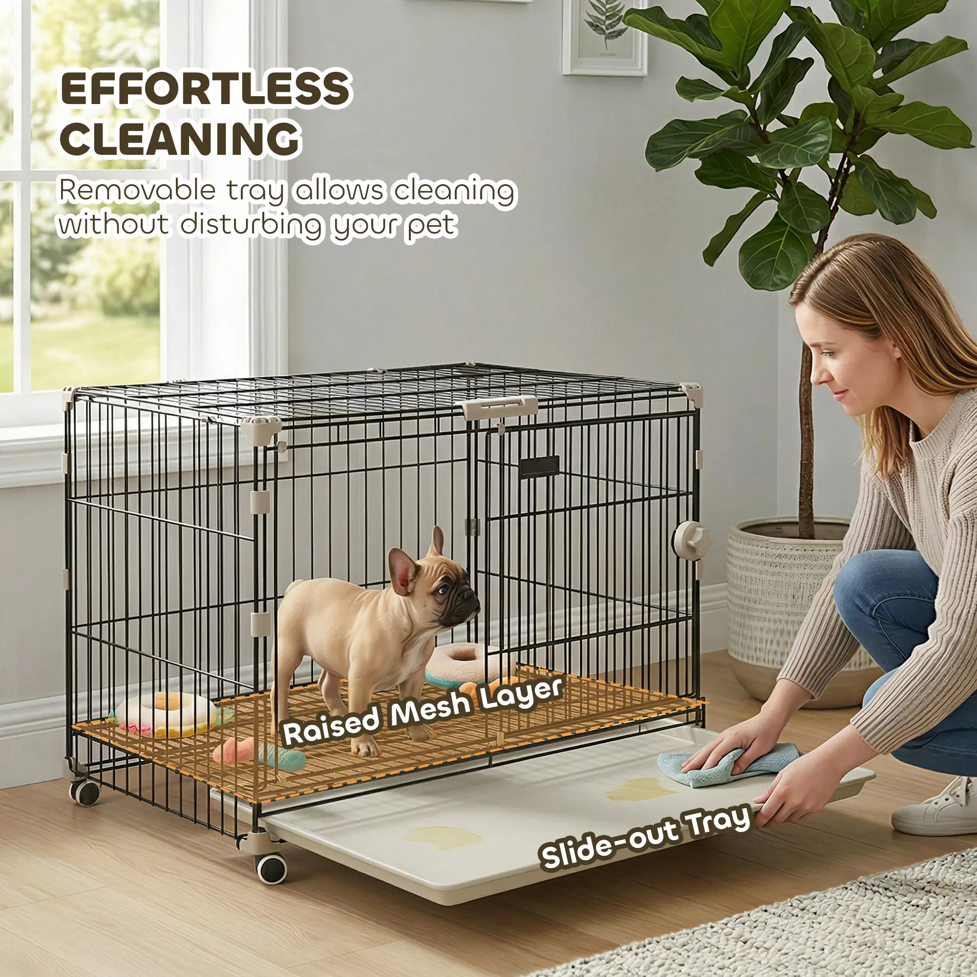 30 Inch Foldable Dog Crate, Metal Cage with Tray & Wheels, Black - Image 7