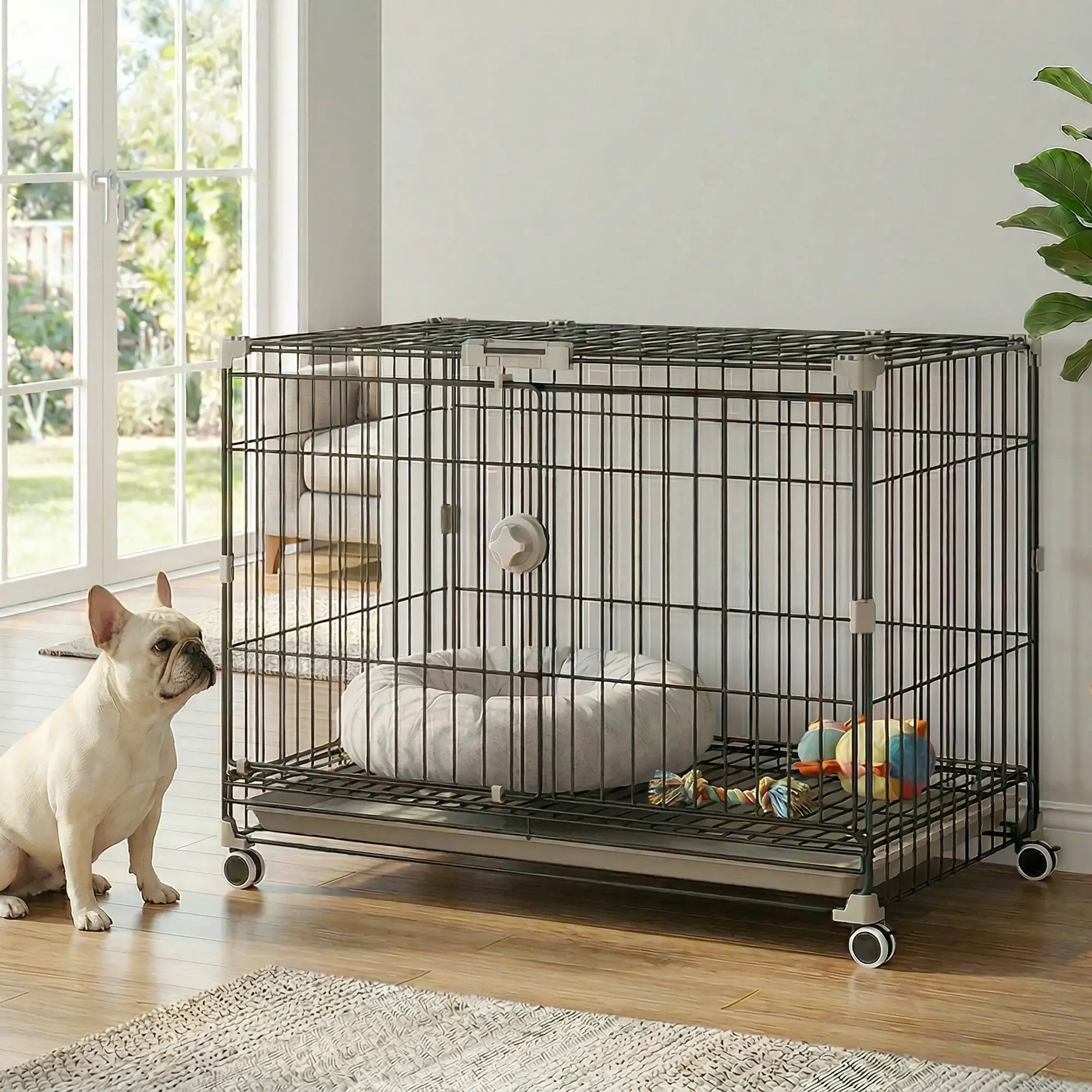 30 Inch Foldable Dog Crate, Metal Cage with Tray & Wheels, Black - Image 8