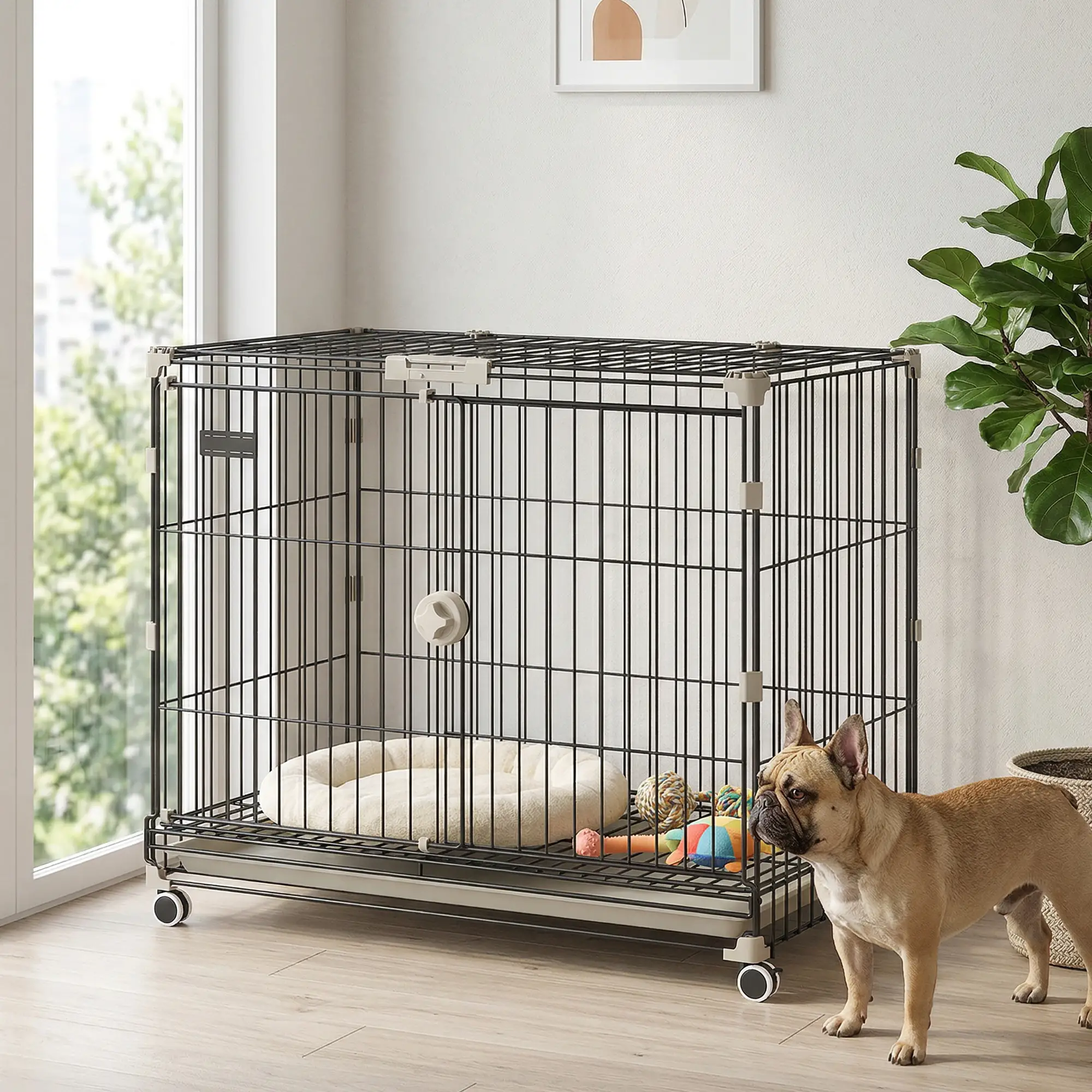 30 Inch Foldable Dog Crate, Metal Cage with Tray & Wheels, Black - Image 9