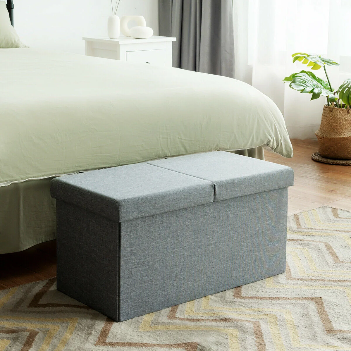 30 Inch Folding Storage Ottoman, Lift Top, Light Gray - Image 2