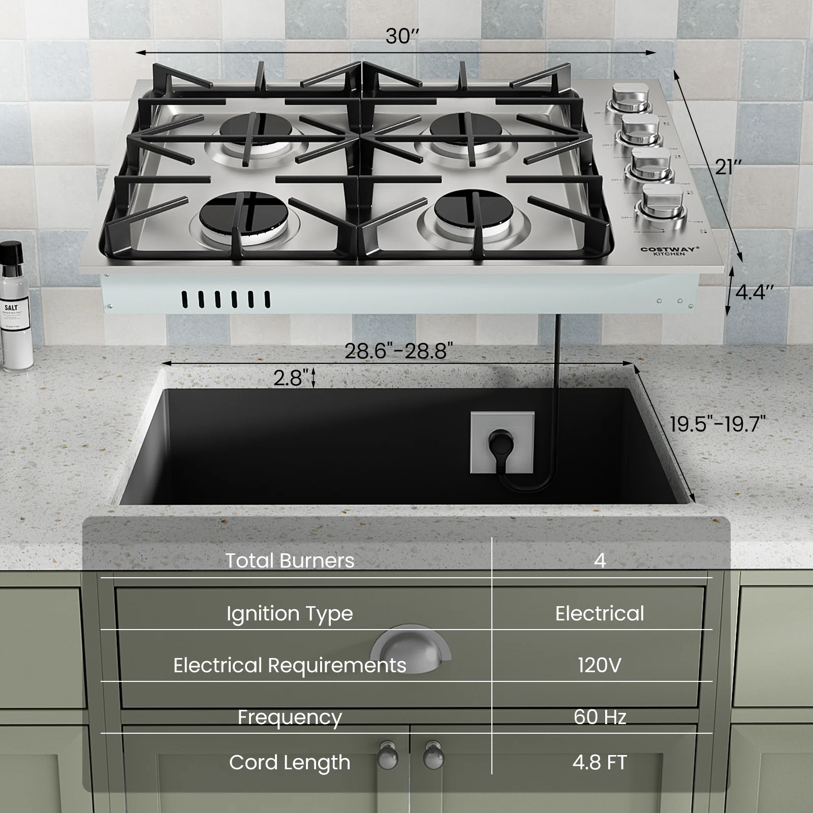 30 Inch Gas Cooktop, 4 Burners, Silver - Image 6