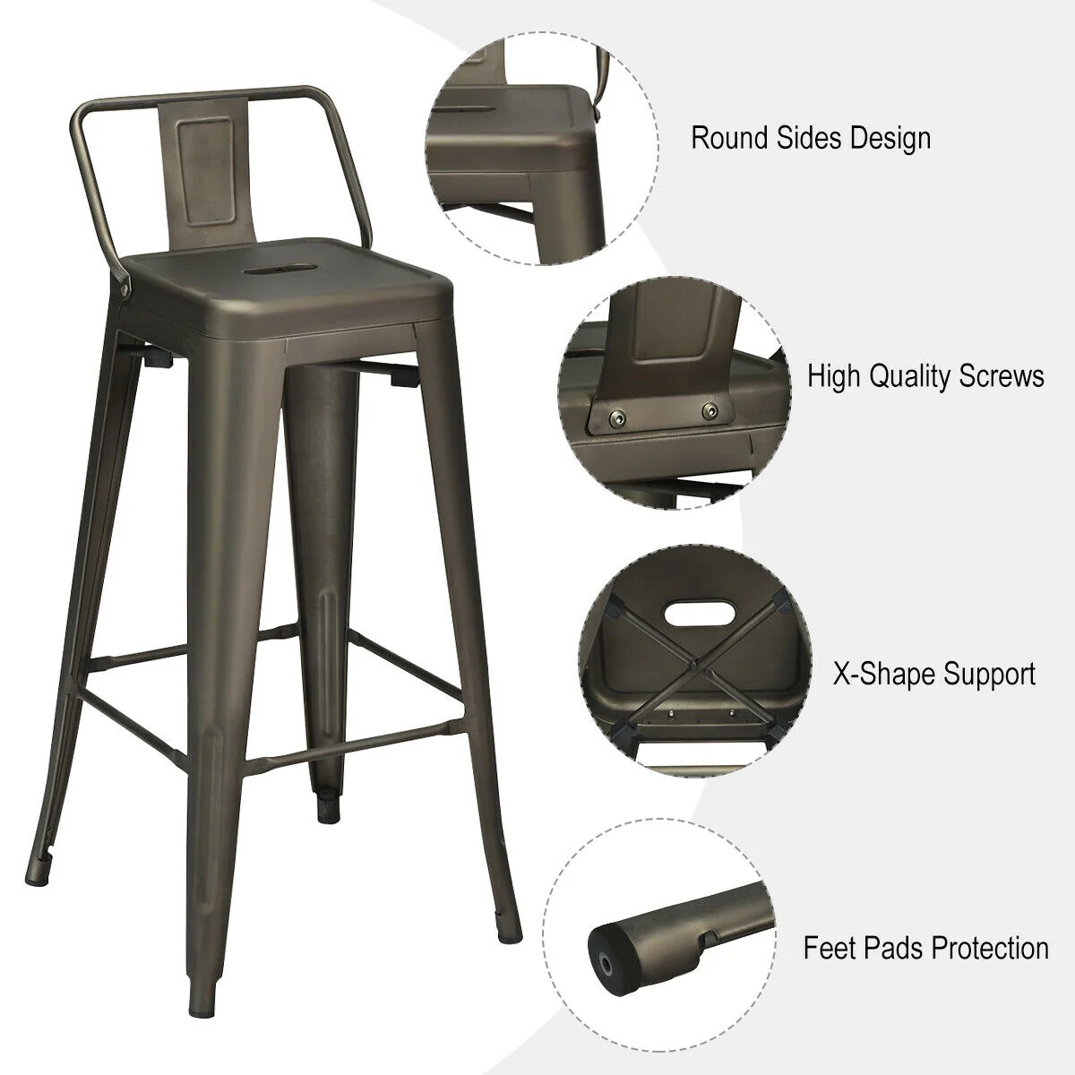 30 Inch Metal Counter Height Barstools, Set of 4, Dark Brown - Image 7