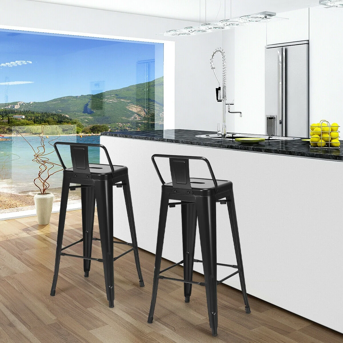 30 Inch Metal Counter Height Barstools, Set of 4, Low Back, Rubber Feet, Black - Image 2