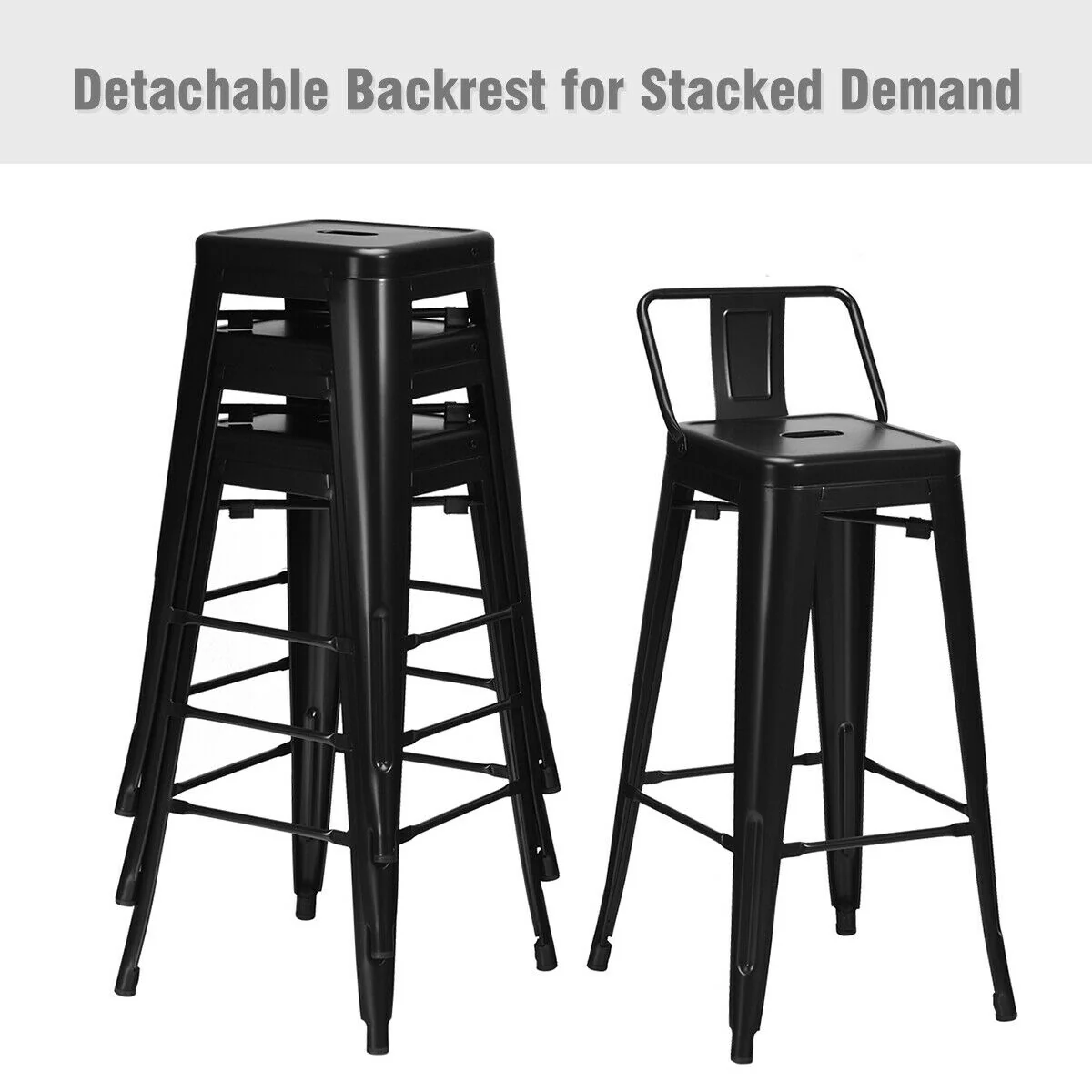 30 Inch Metal Counter Height Barstools, Set of 4, Low Back, Rubber Feet, Black - Image 3