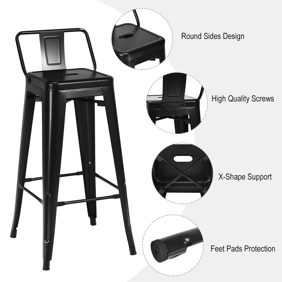 30 Inch Metal Counter Height Barstools, Set of 4, Low Back, Rubber Feet, Black - Image 6