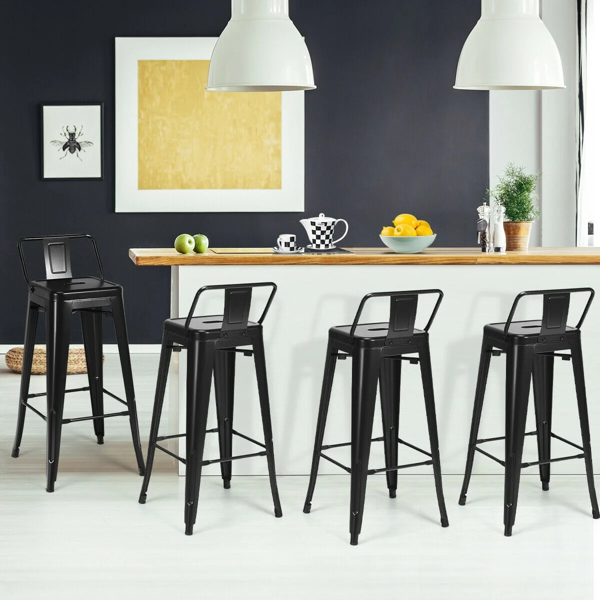 30 Inch Metal Counter Height Barstools, Set of 4, Low Back, Rubber Feet, Black - Image 7