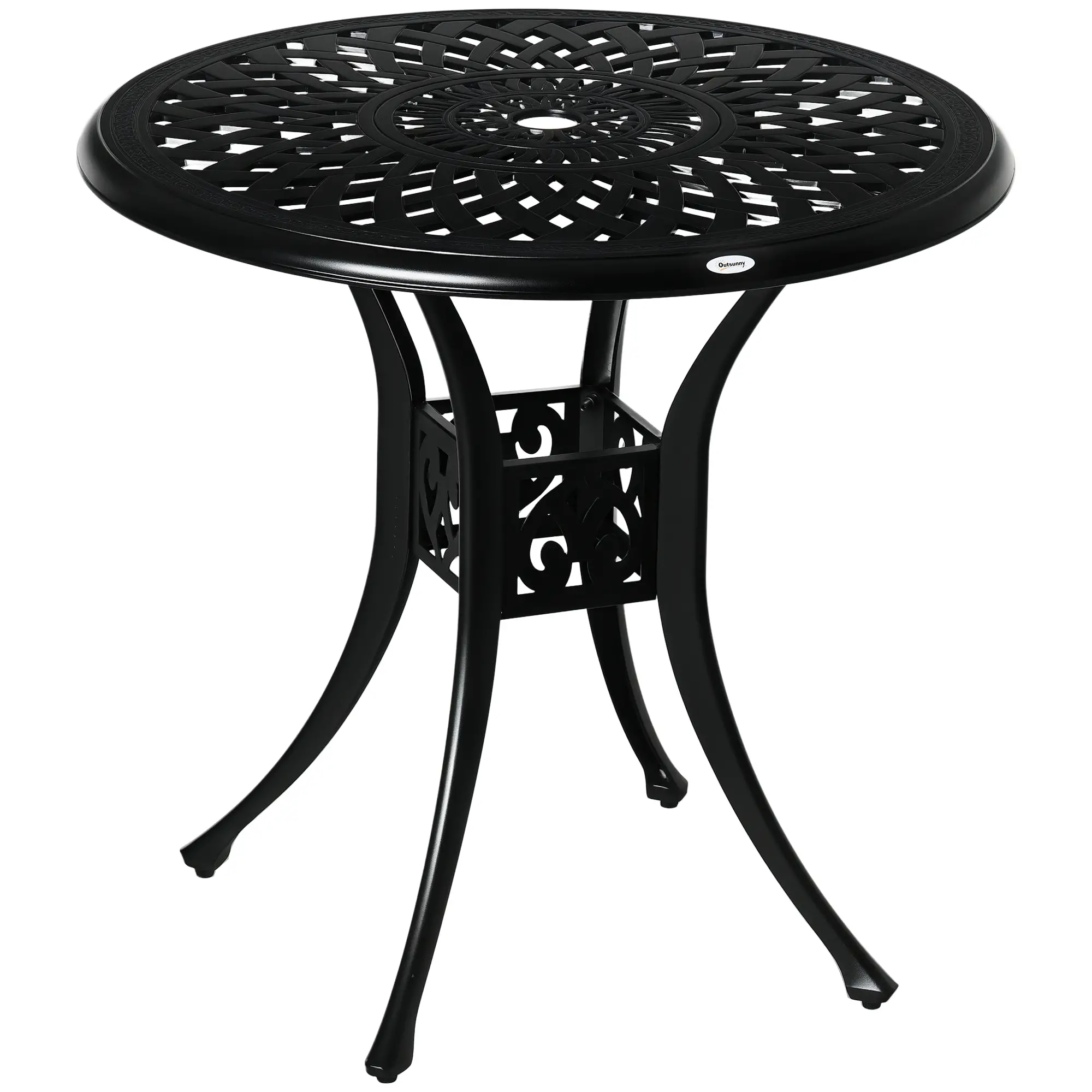 30-Inch Round Patio Dining Table, Umbrella Hole, Antique Cast Aluminum, Black