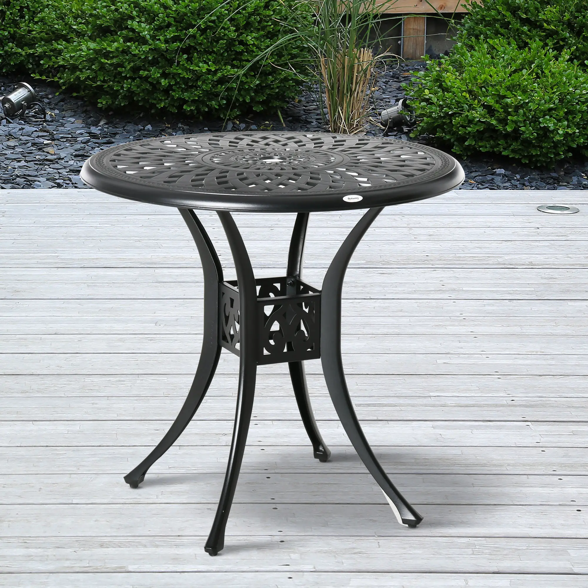 30-Inch Round Patio Dining Table, Umbrella Hole, Antique Cast Aluminum, Black - Image 2