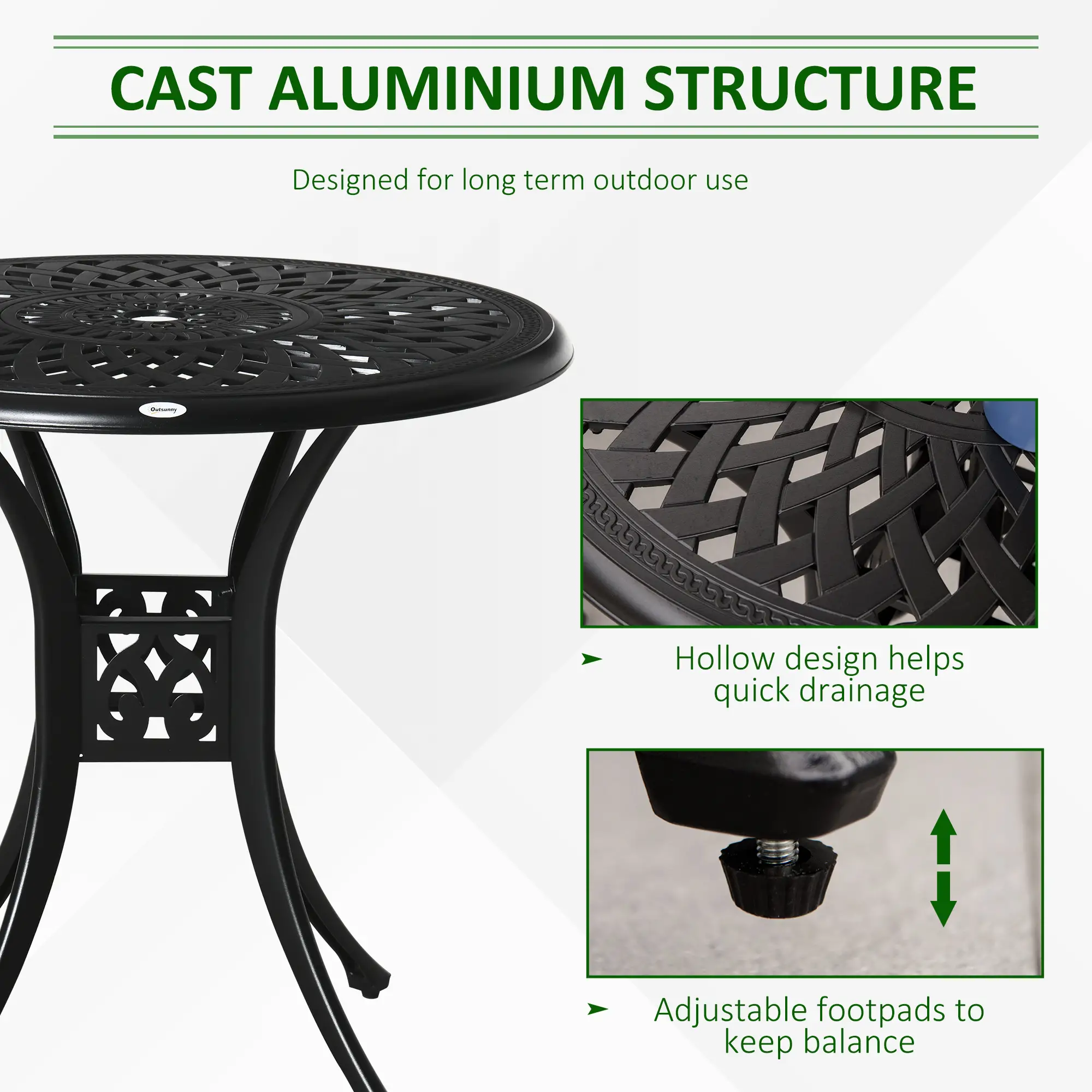 30-Inch Round Patio Dining Table, Umbrella Hole, Antique Cast Aluminum, Black - Image 4