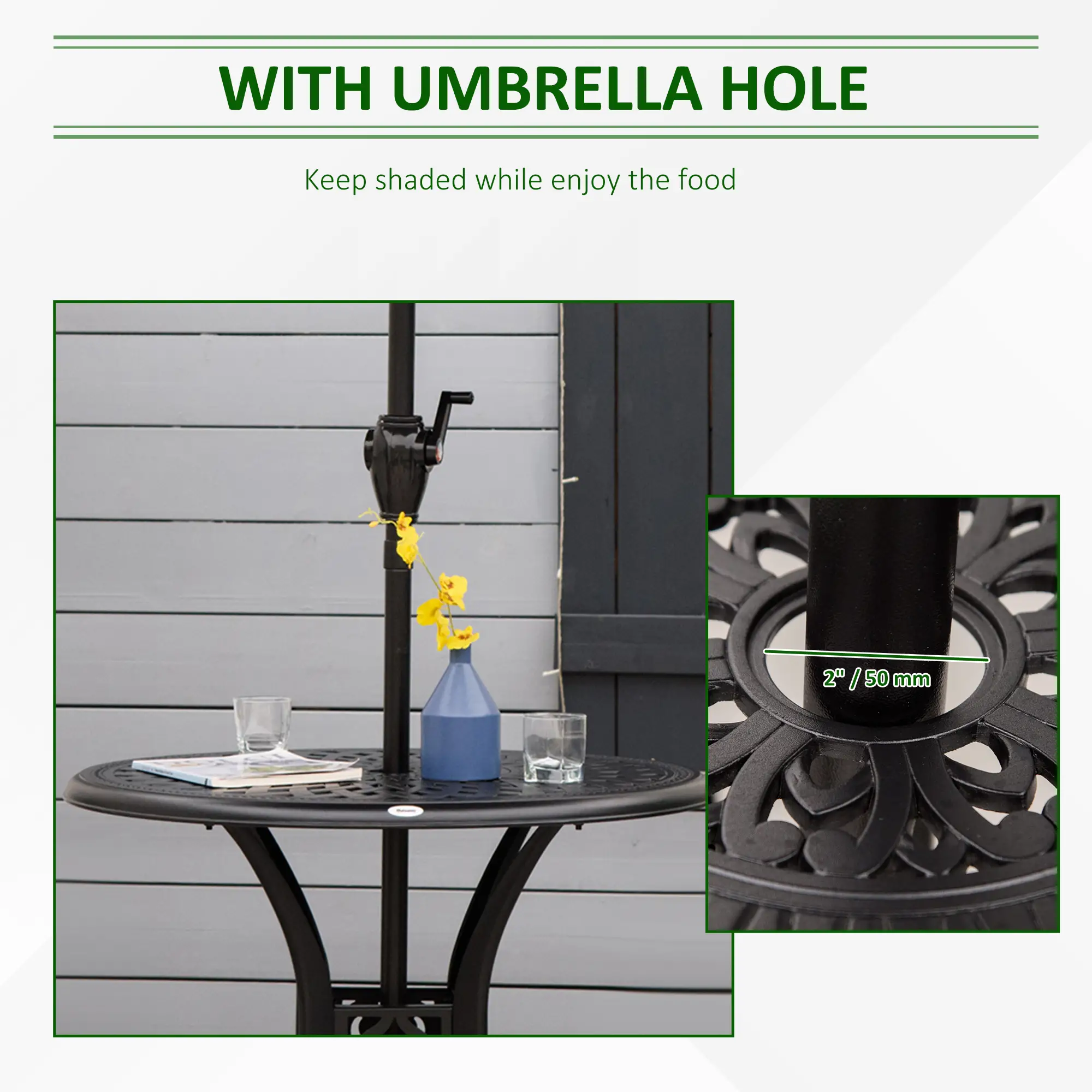 30-Inch Round Patio Dining Table, Umbrella Hole, Antique Cast Aluminum, Black - Image 5
