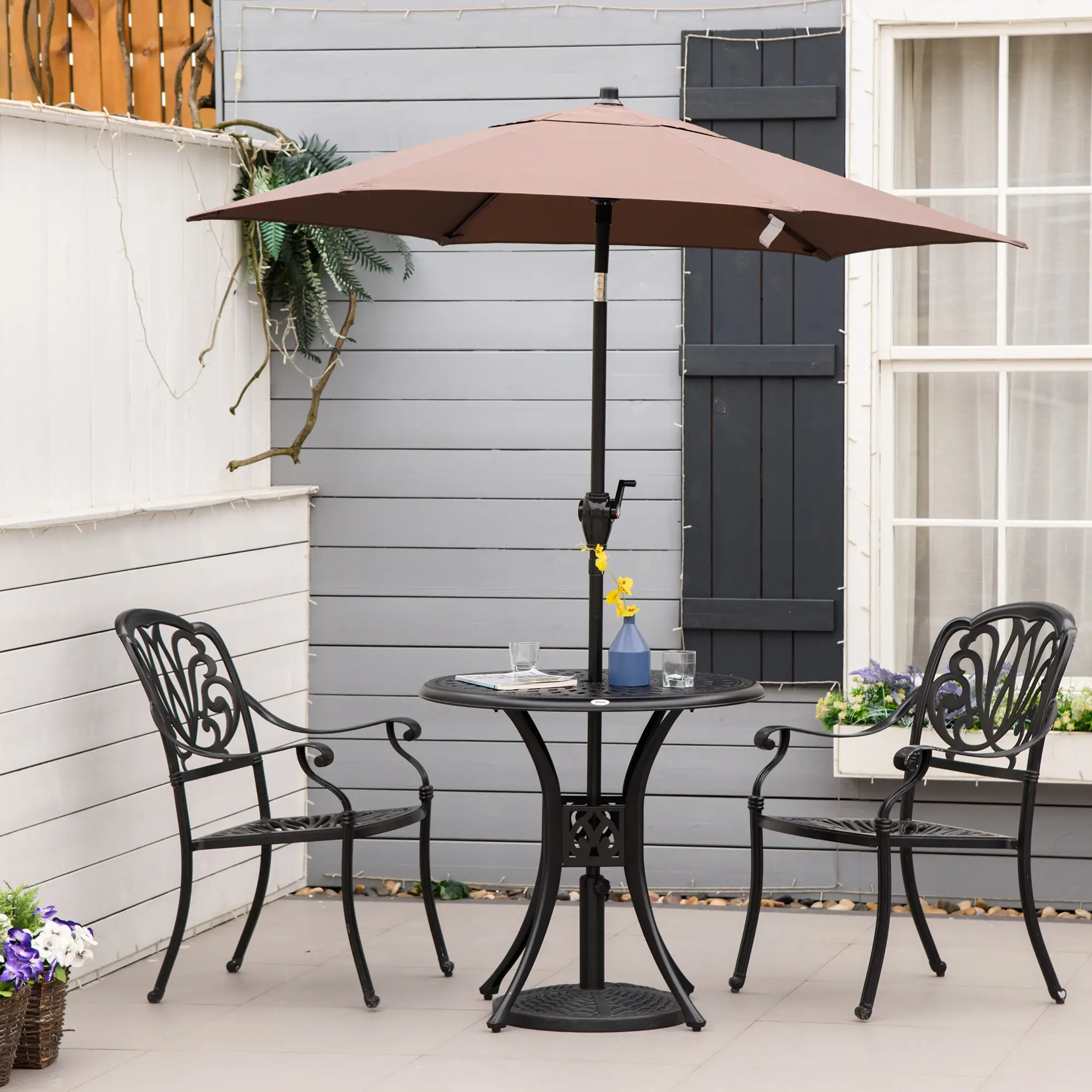 30-Inch Round Patio Dining Table, Umbrella Hole, Antique Cast Aluminum, Black - Image 7