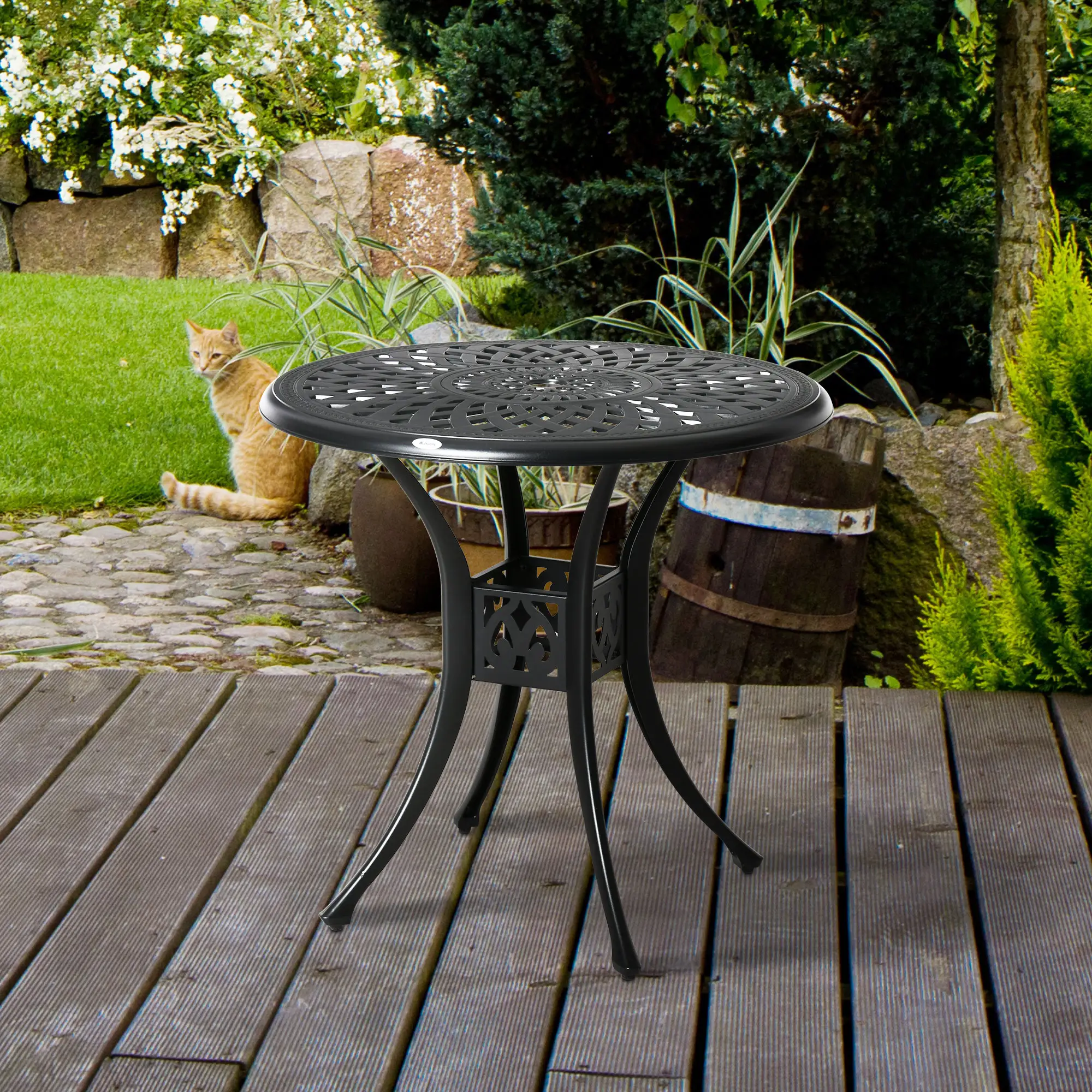 30-Inch Round Patio Dining Table, Umbrella Hole, Antique Cast Aluminum, Black - Image 8