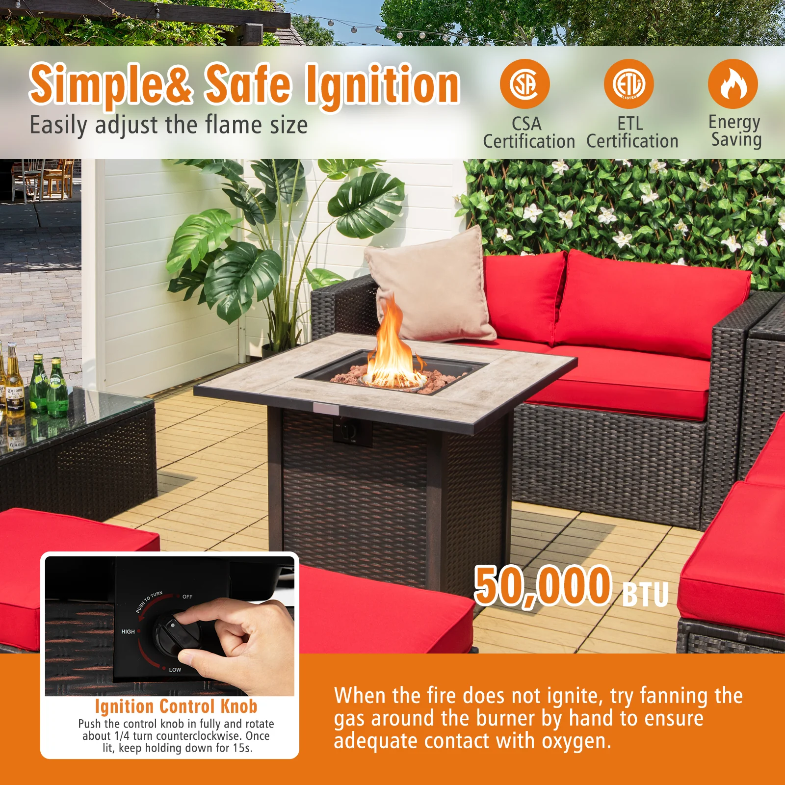 30 Inch Square Propane Gas Fire Pit Table, Ceramic Tabletop, Gray - Image 3